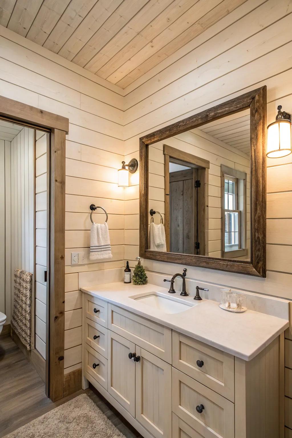 A bathroom with a shiplap backdrop for a statement mirror.