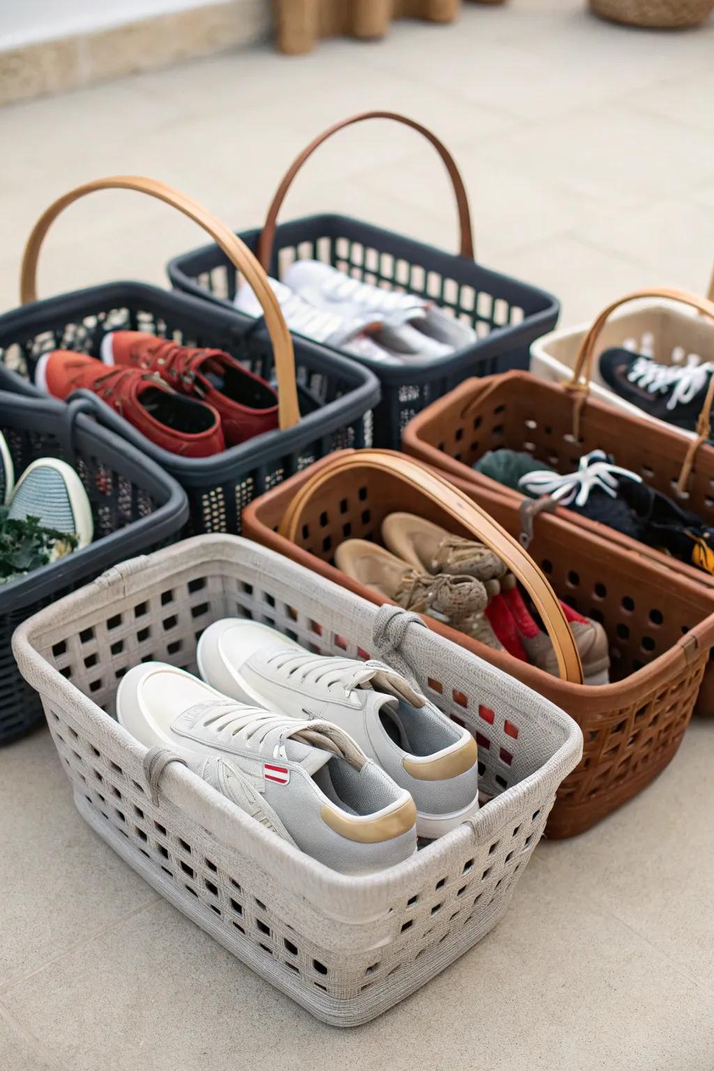 Baskets with handles provide convenient and portable shoe storage.