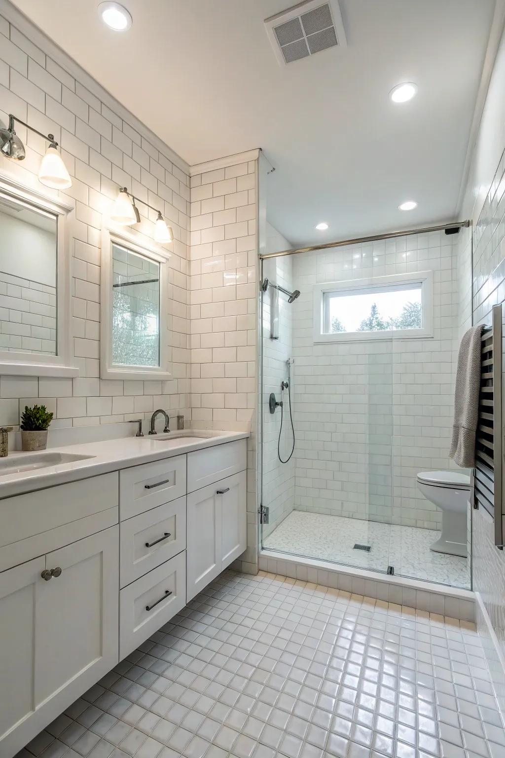 An all-white shower exudes timeless sophistication.