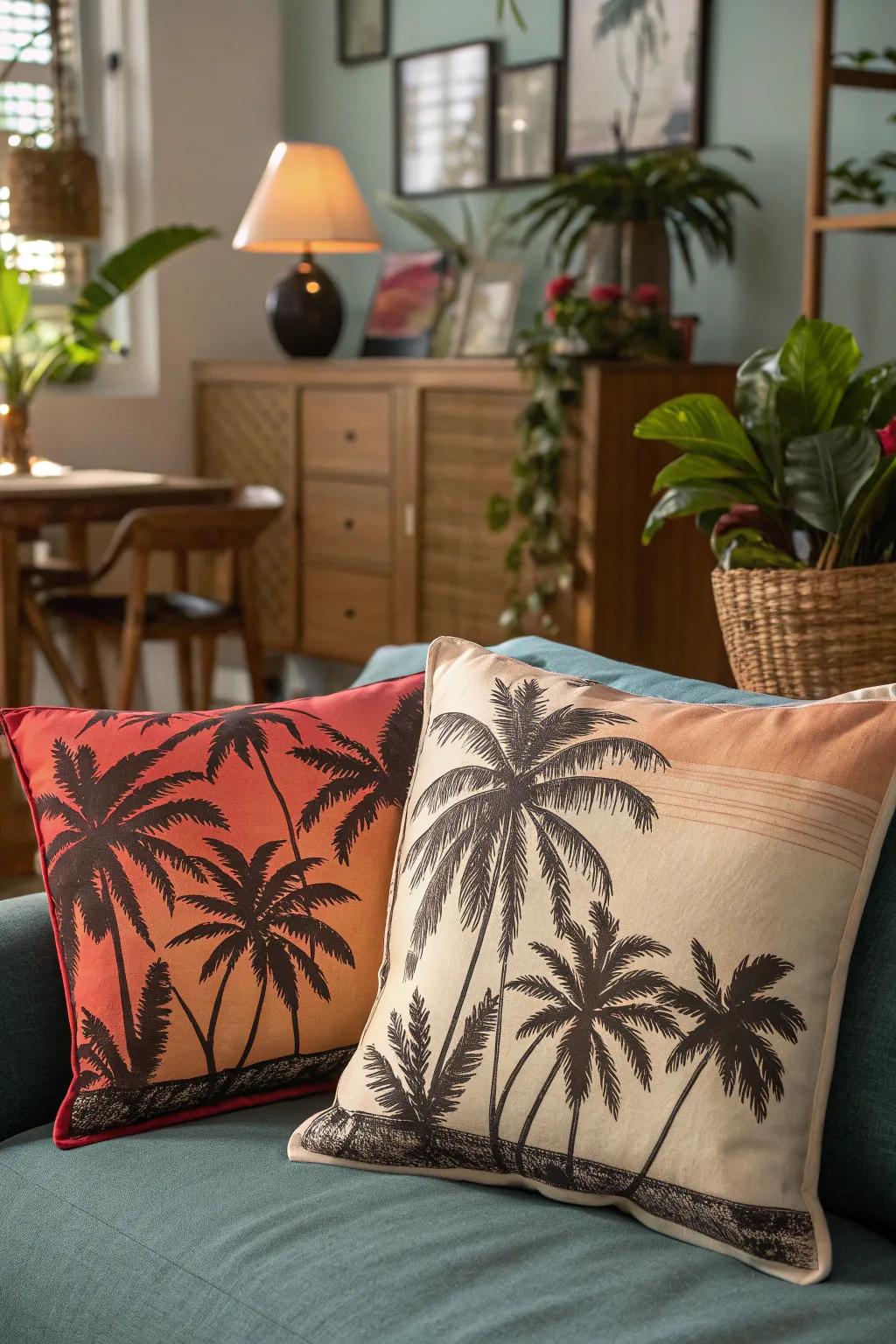 Palm tree silhouettes on pillows add a tropical touch to the living room.