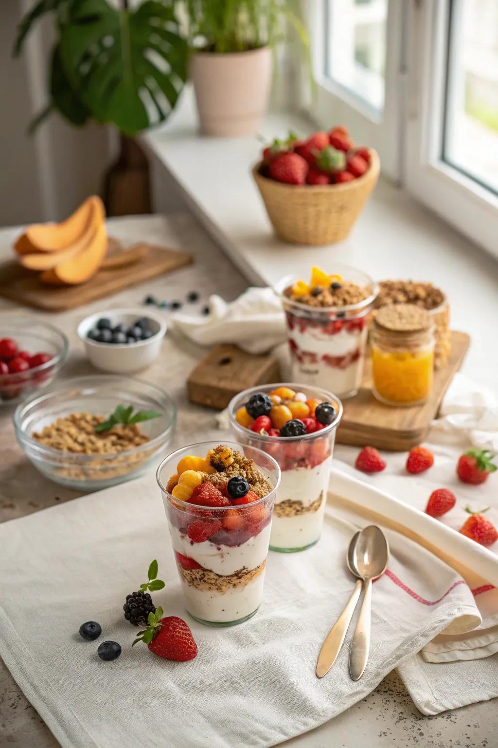 Colorful layered parfait cups offering a healthy and delicious option.