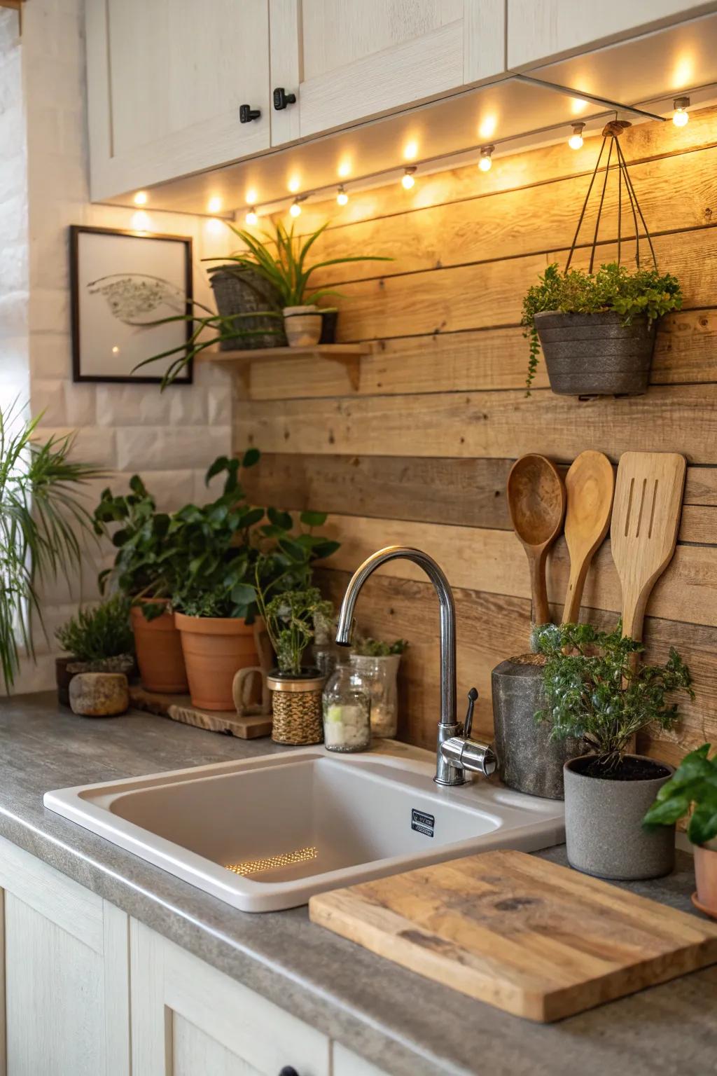 Warm wood panels bring a rustic and natural feel to the kitchen.