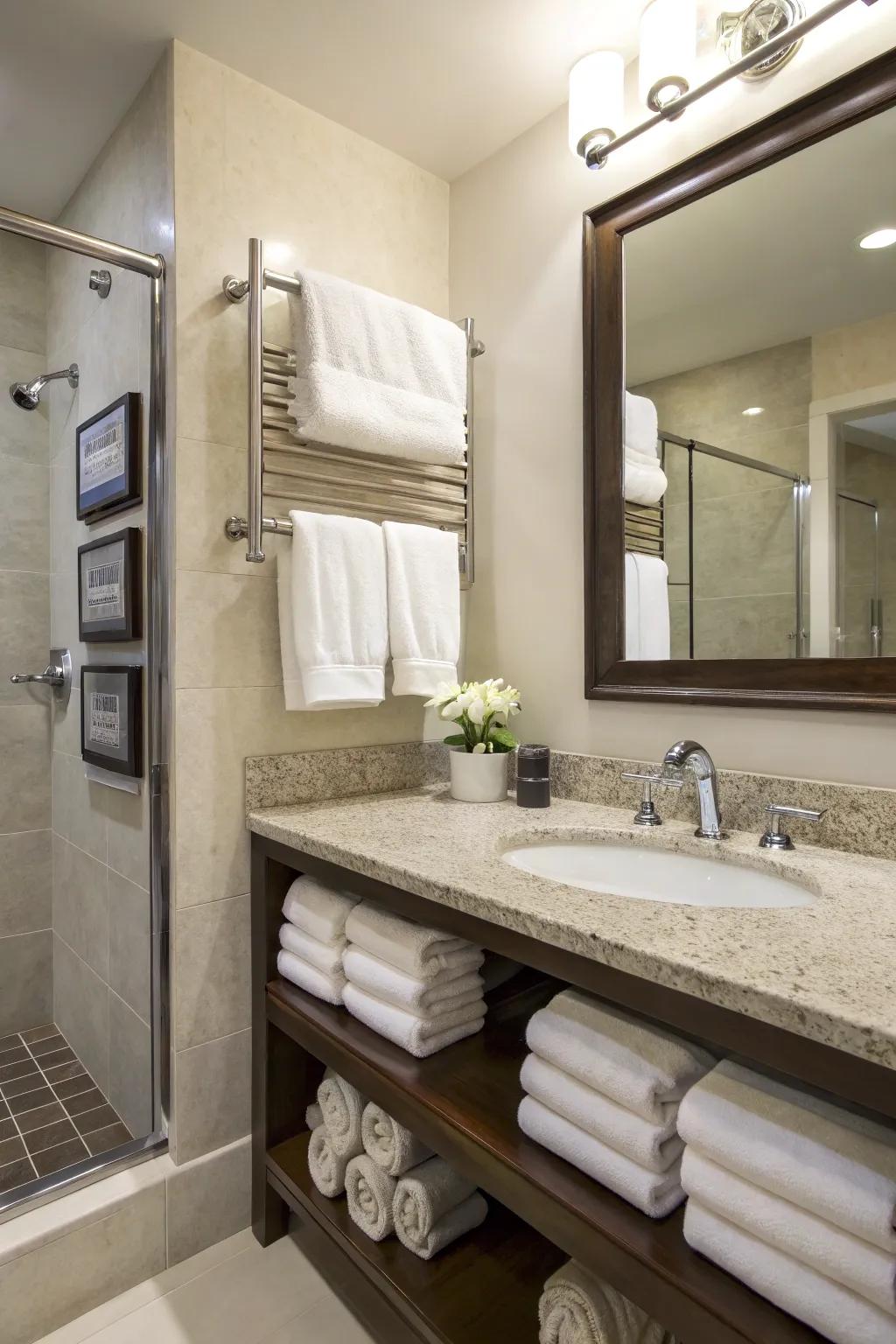 Flexible storage with adaptable towel bars.