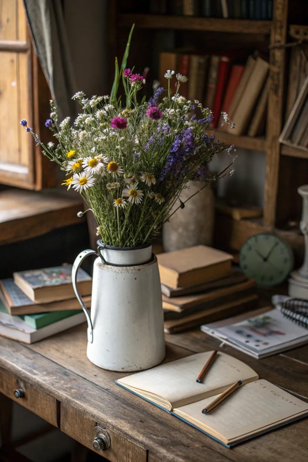 A classic milk container adds wistful appeal to any flower setting.