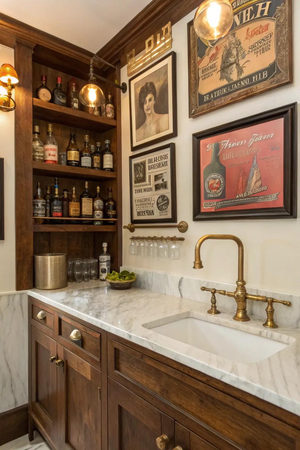 Vintage decor elements adding timeless appeal to a small wet bar.