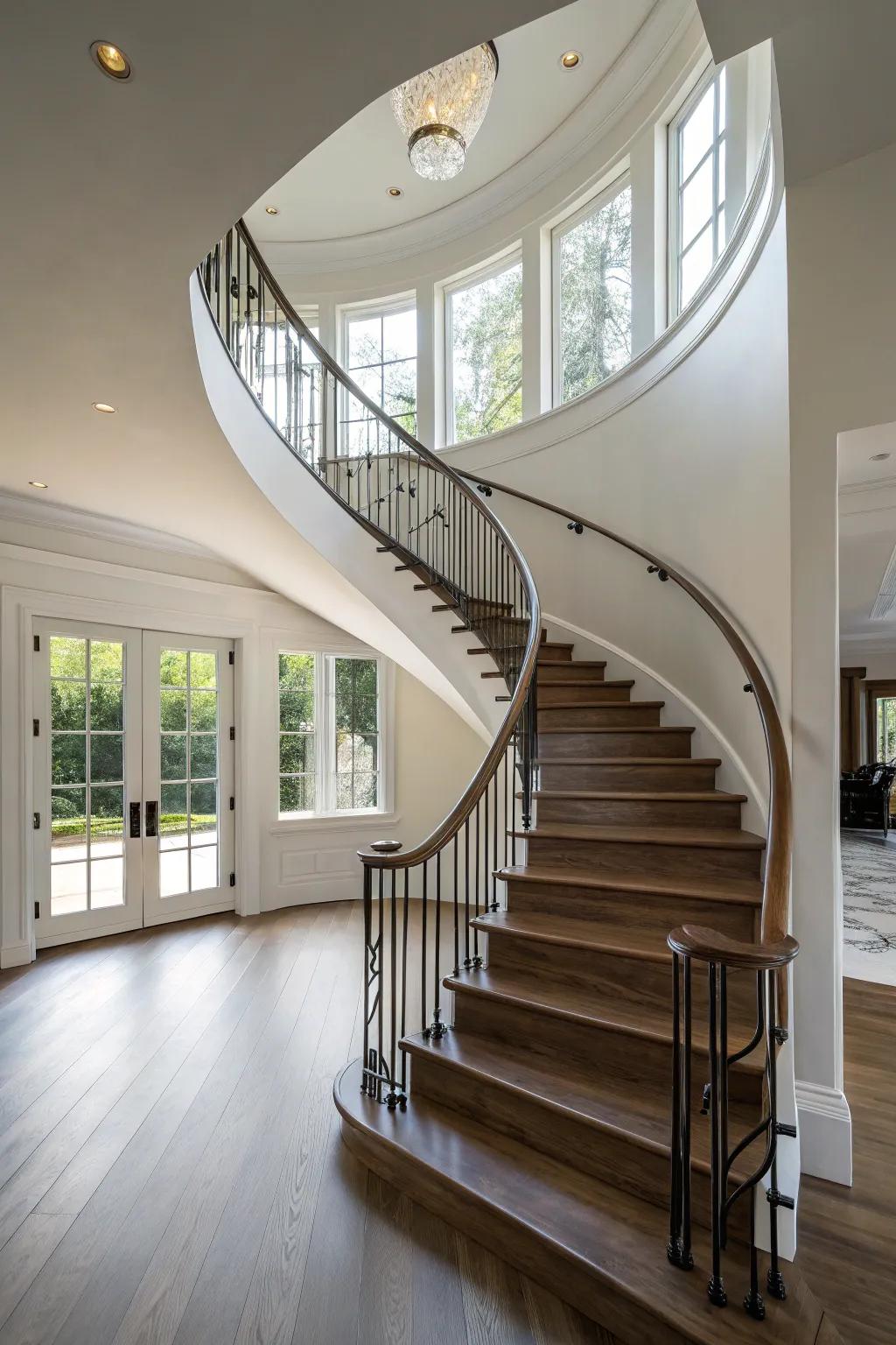 Curved staircase introduces elegance and flow to the area.