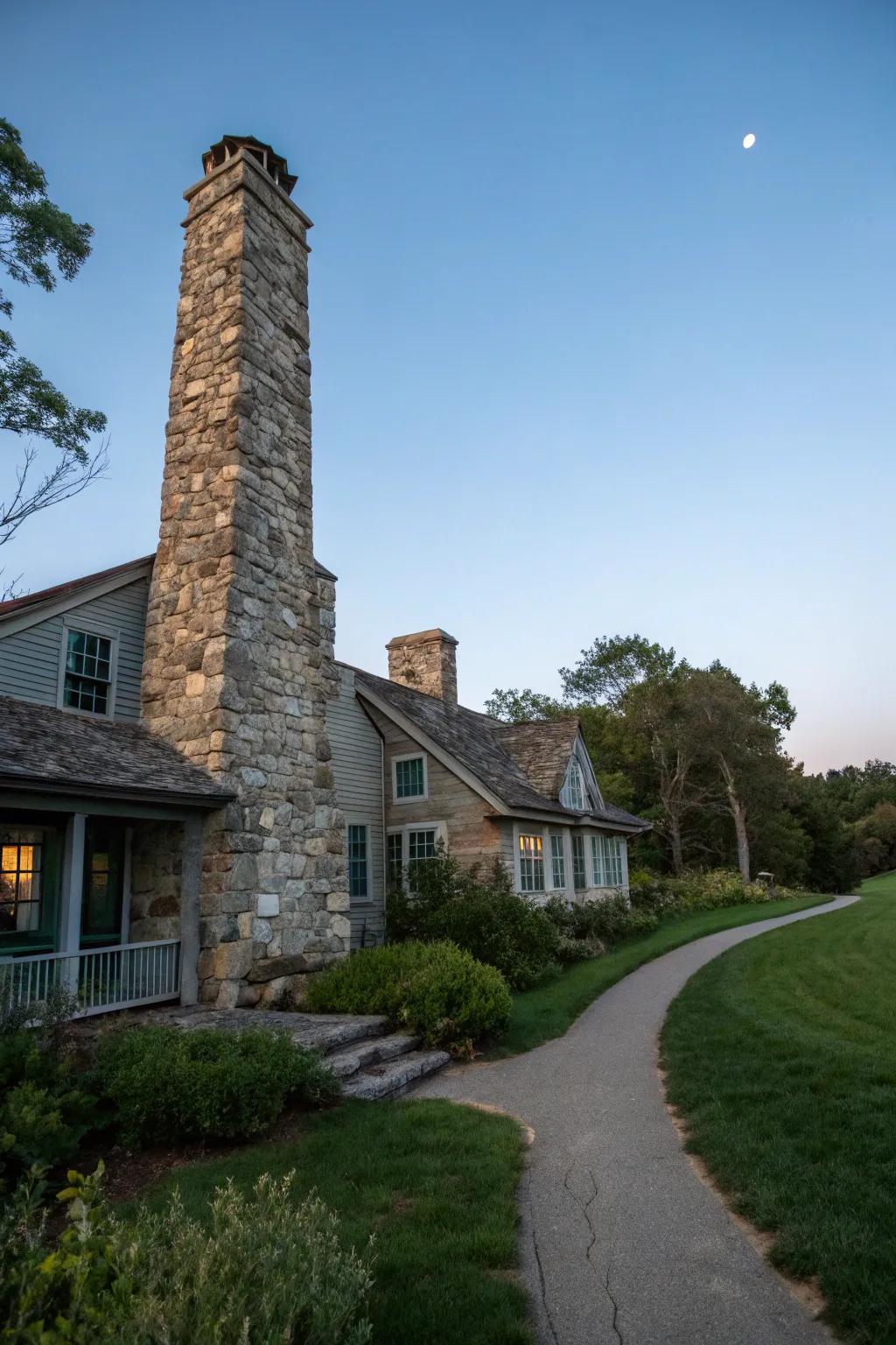 A stacked stone chimney adds timeless charm to this home.