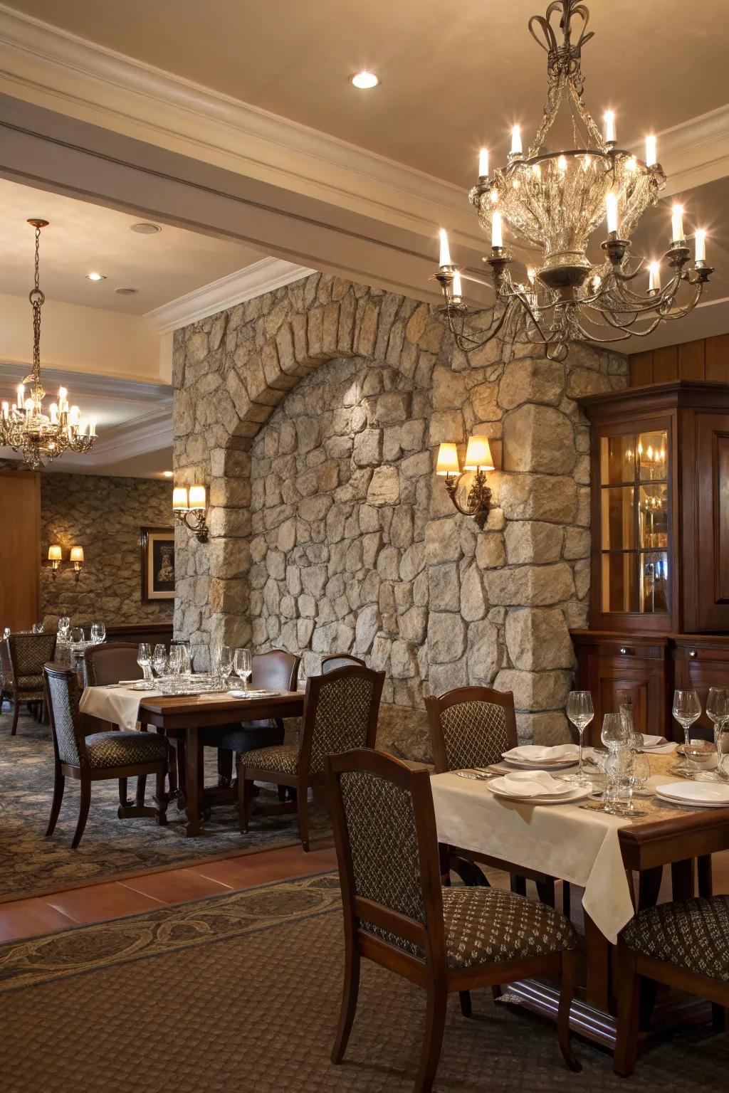 A dining room that captivates with a striking stone wall.