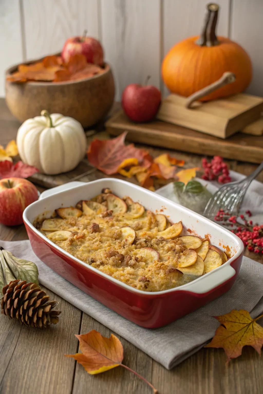 Savory apple and cheddar bake, a perfect autumn delight.