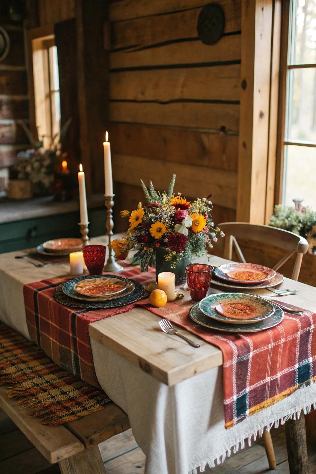 A cozy sweetheart table with warm textiles and rustic decor.