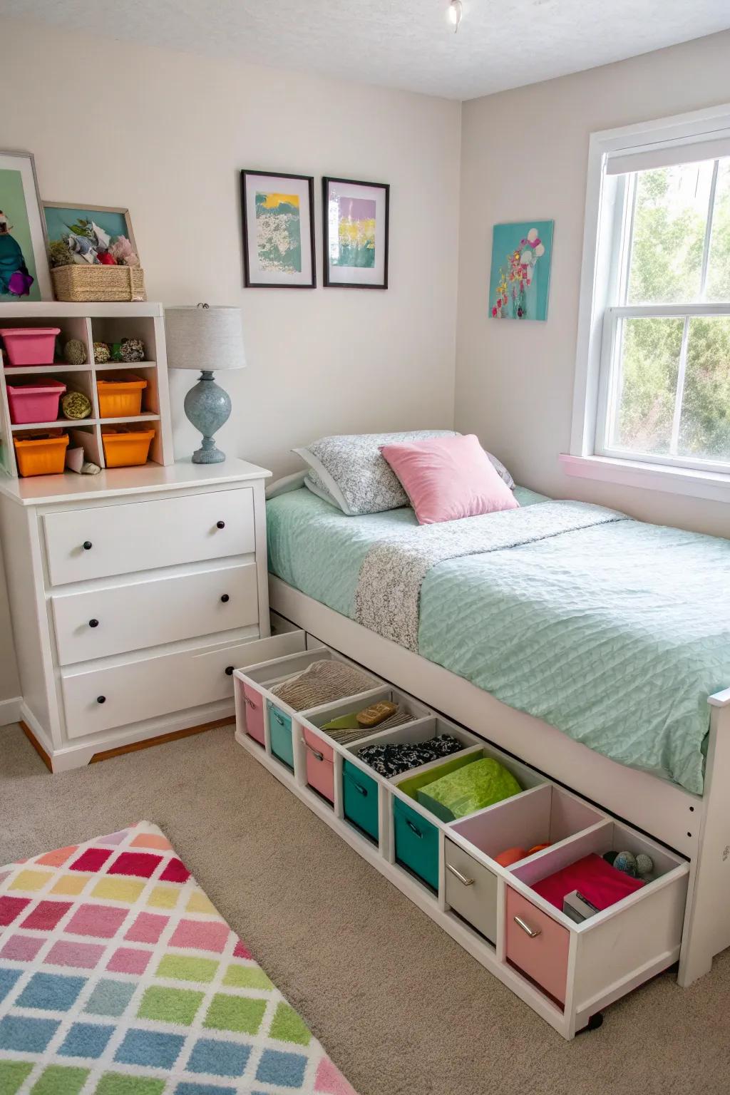 Hidden storage solutions beneath a bed.