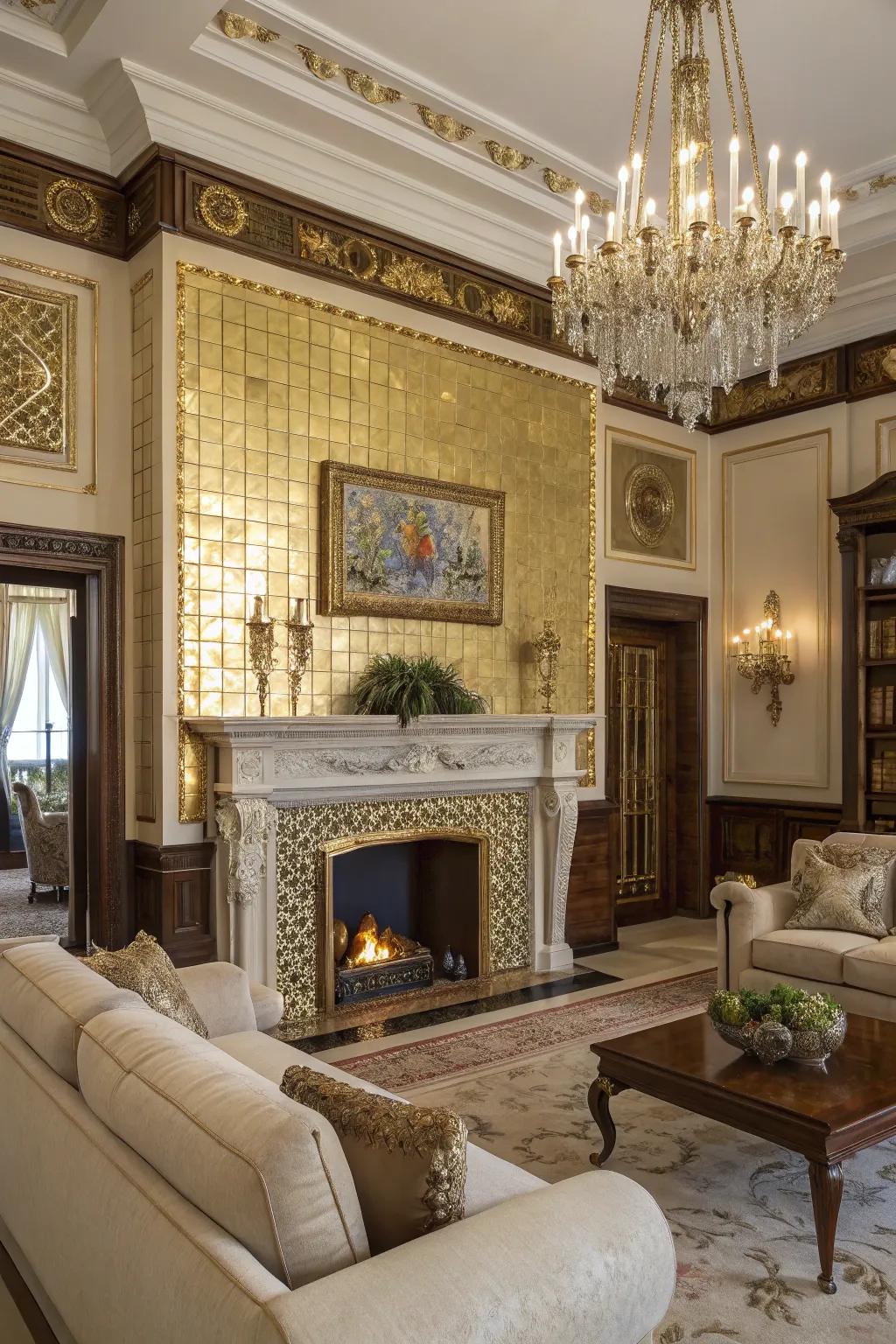 Gold accents add a touch of glamour to this luxurious fireplace.