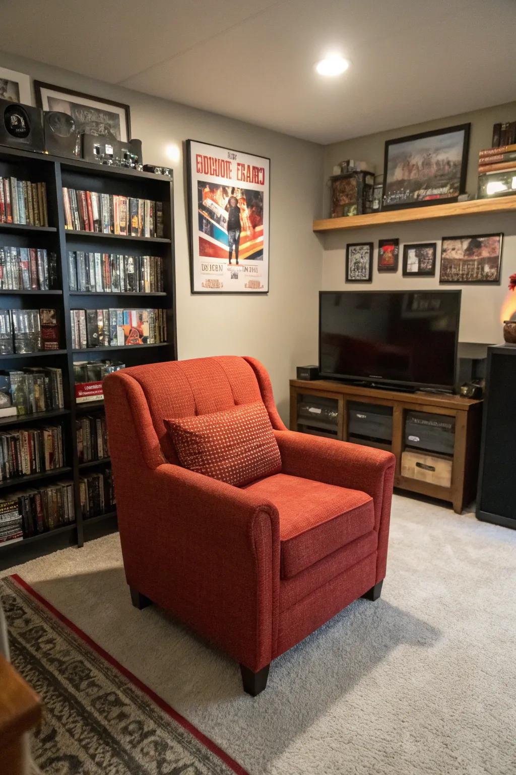 A statement piece like an armchair can anchor a small man cave.