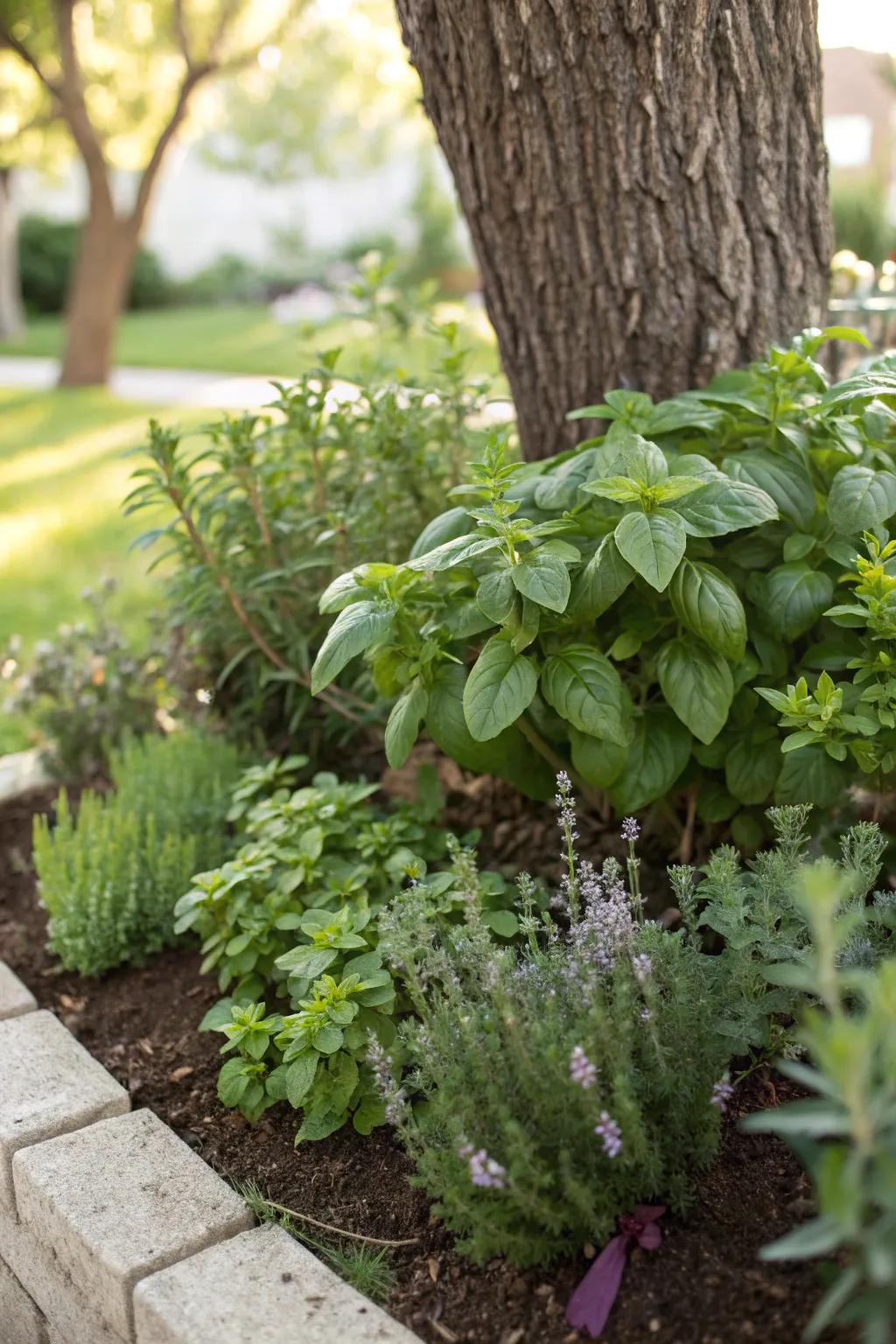 A mini herb garden enhances fragrance and functionality.