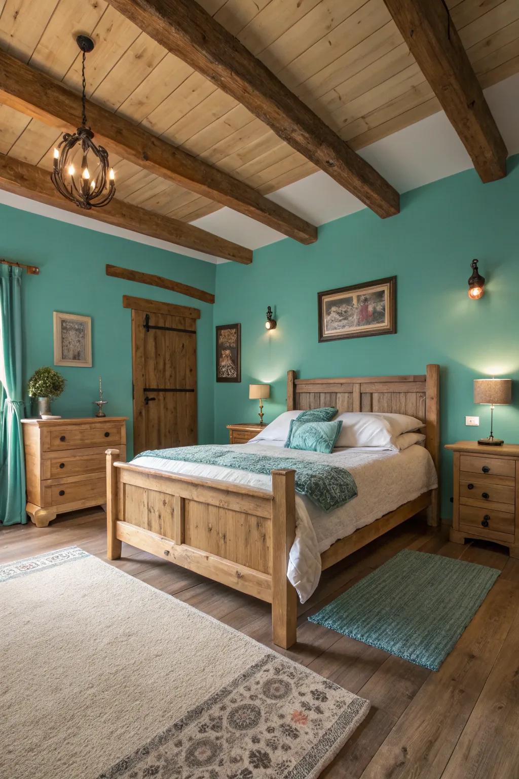 The combination of turquoise and wood creates a warm and welcoming atmosphere.