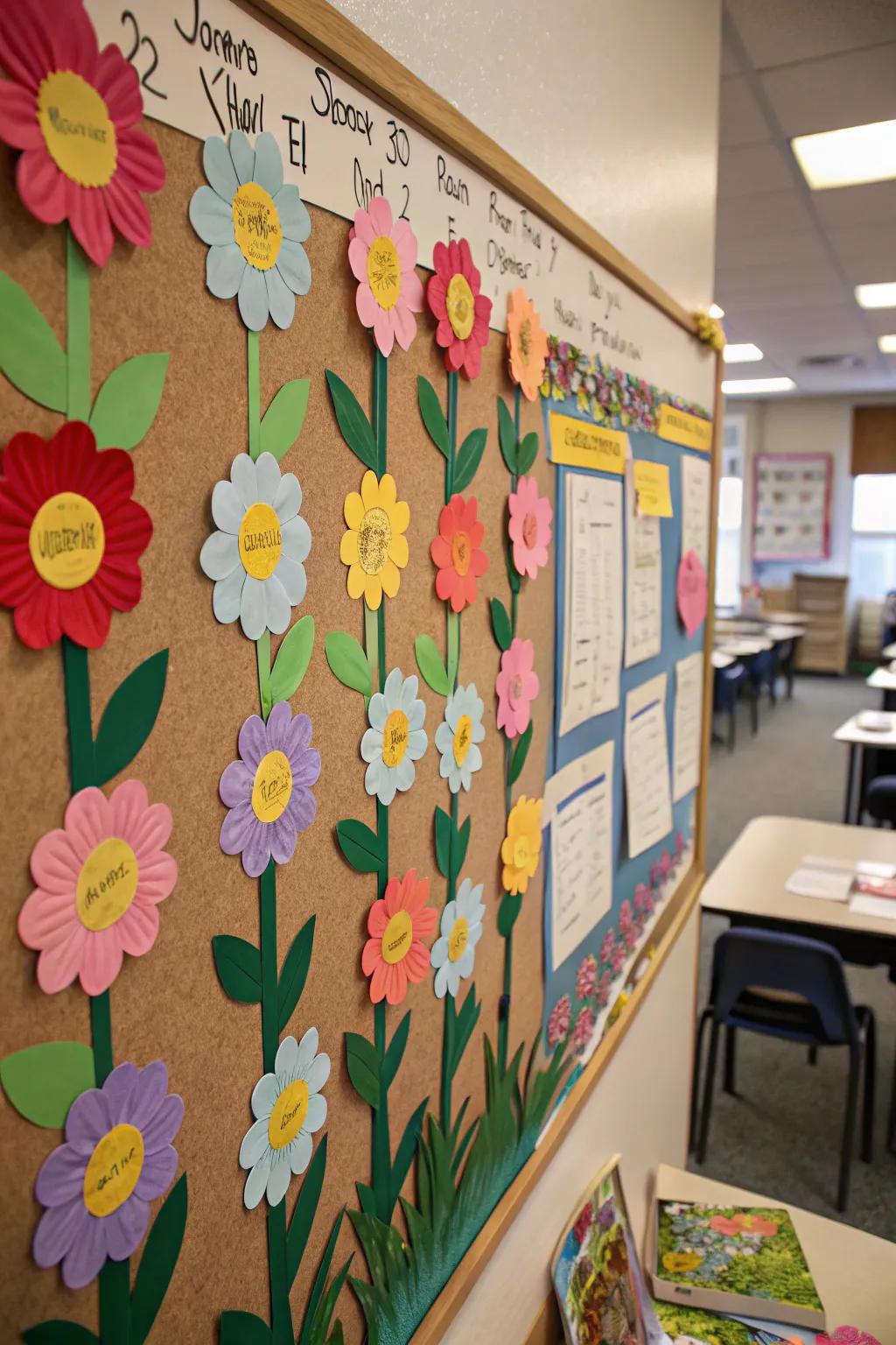 A Friendship Garden bulletin board with paper flowers.