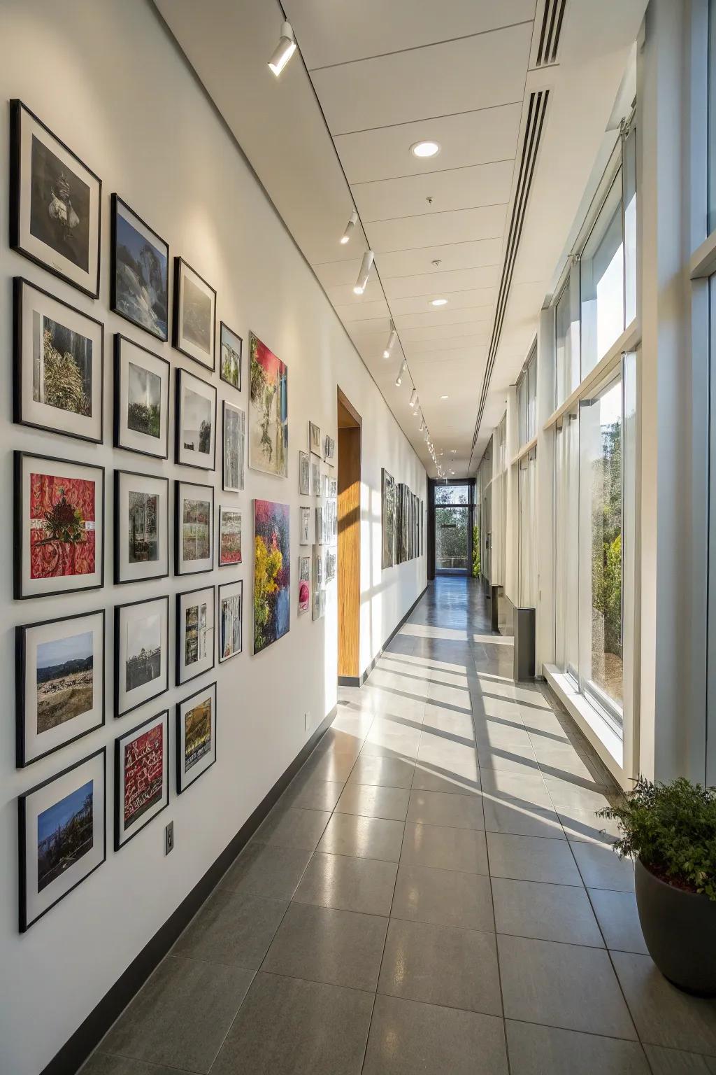 A dramatic floor-to-ceiling gallery wall