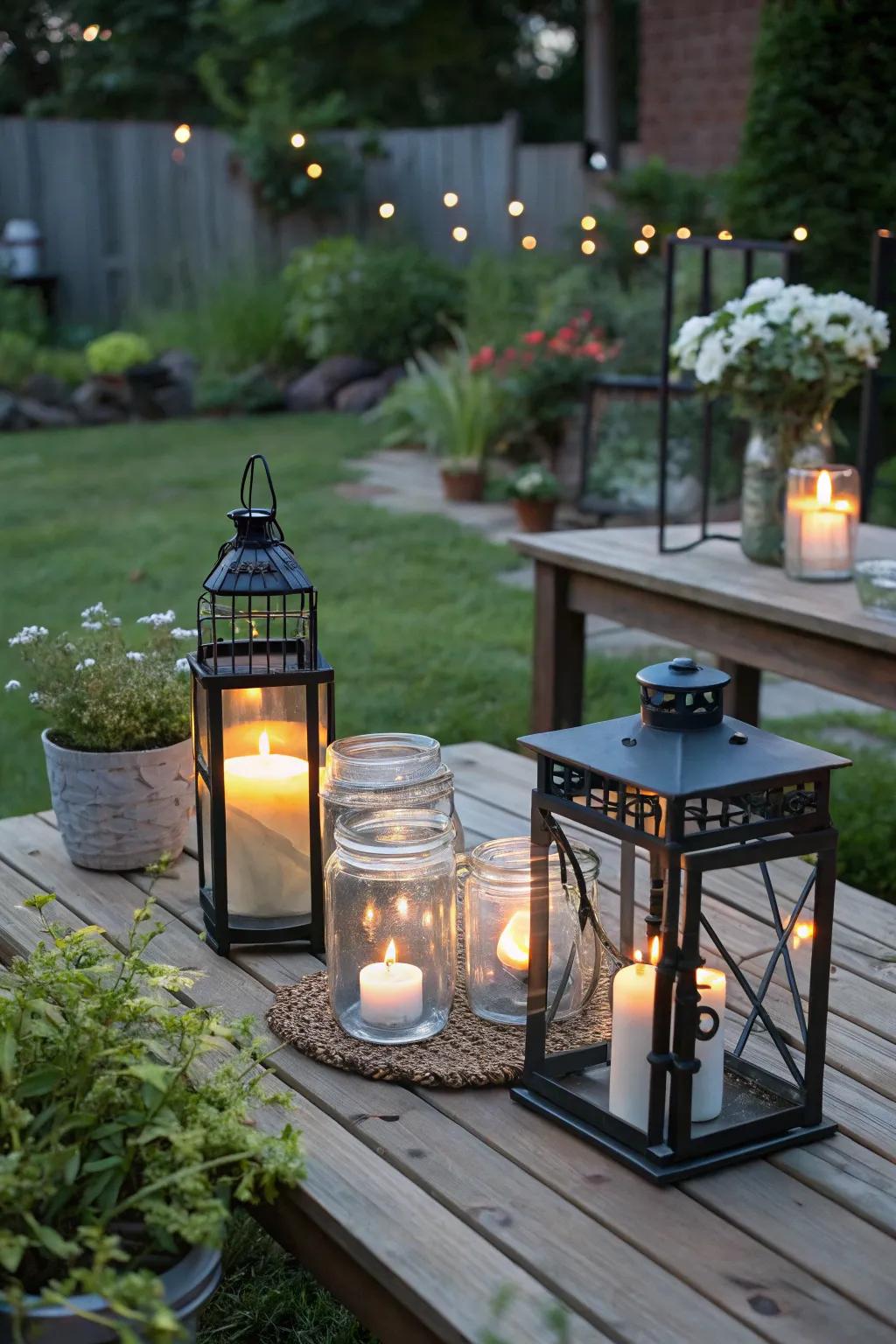 Votive candles in lanterns create a charming outdoor ambiance.