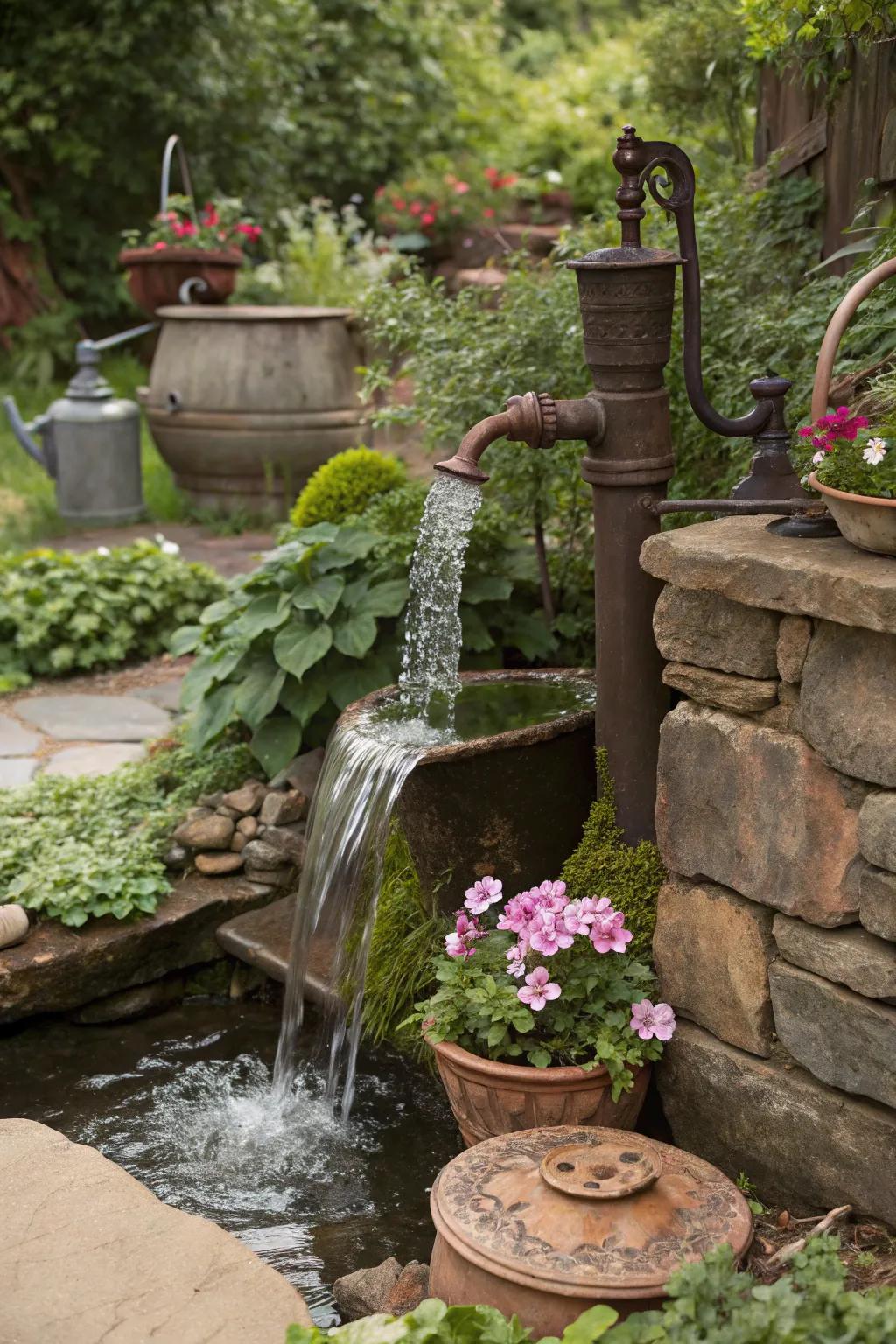 A vintage spout waterfall adds historical charm to your garden.