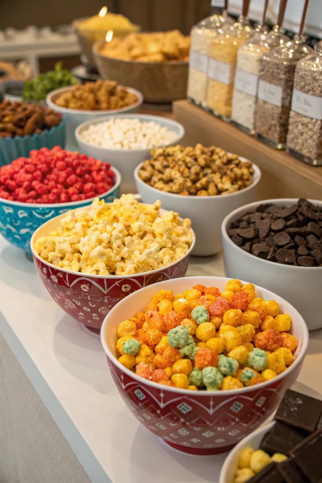 A gourmet popcorn bar offering a savory twist to your dessert table.