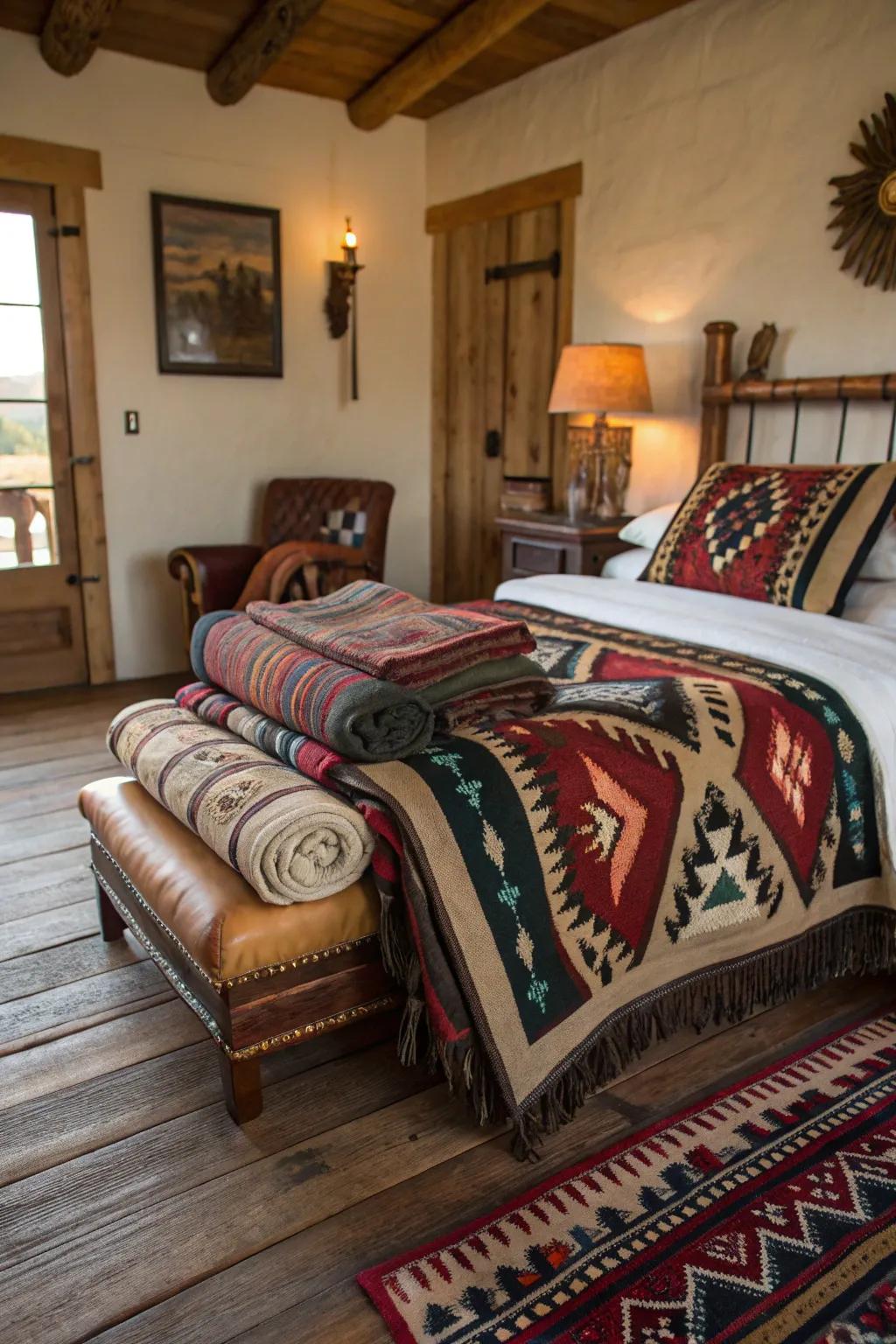 Saddle blankets add texture and color to your western sanctuary.