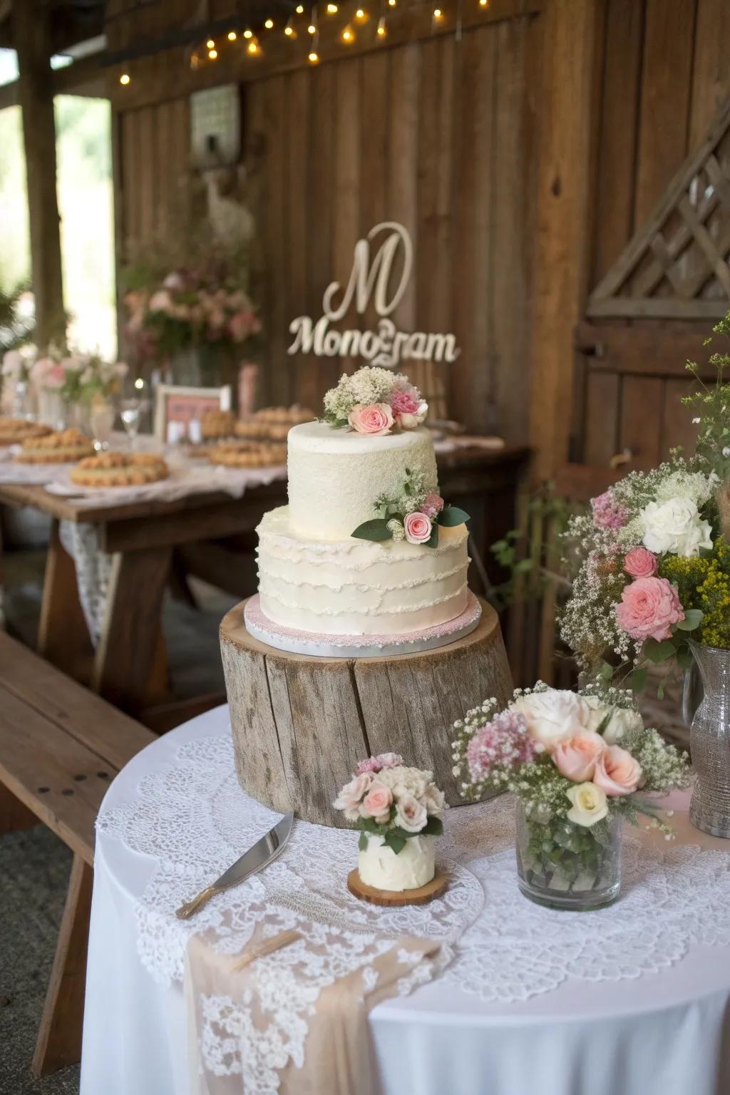 Cake with an elegant monogram topper.