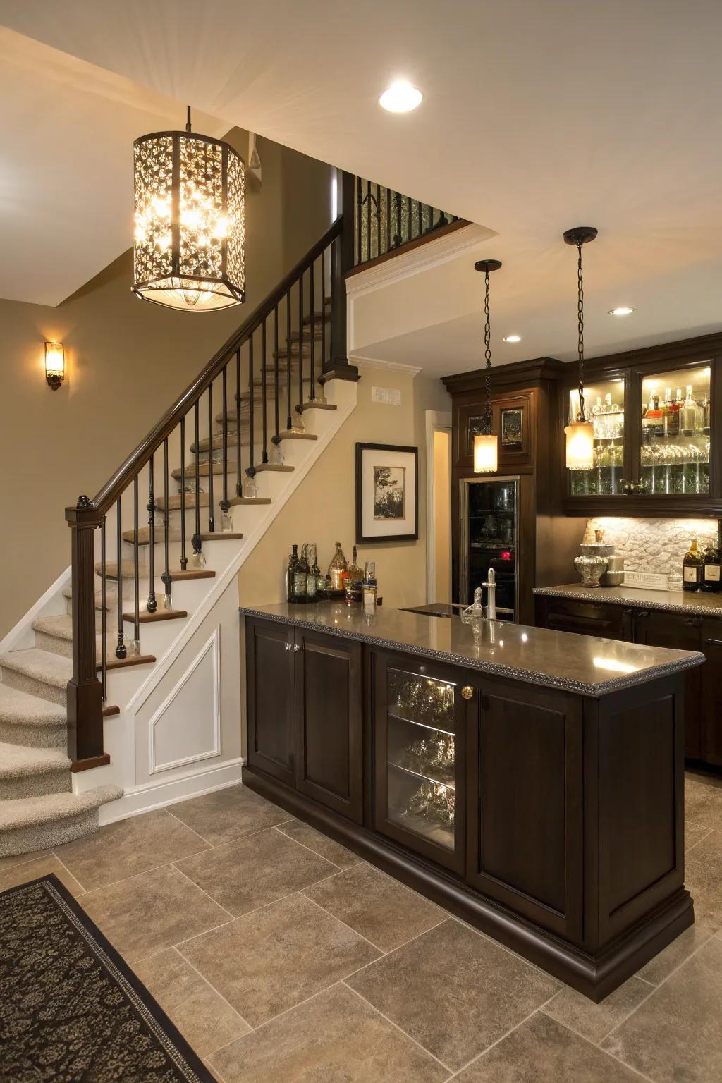 Maximize area using an under-stair personal bar.
