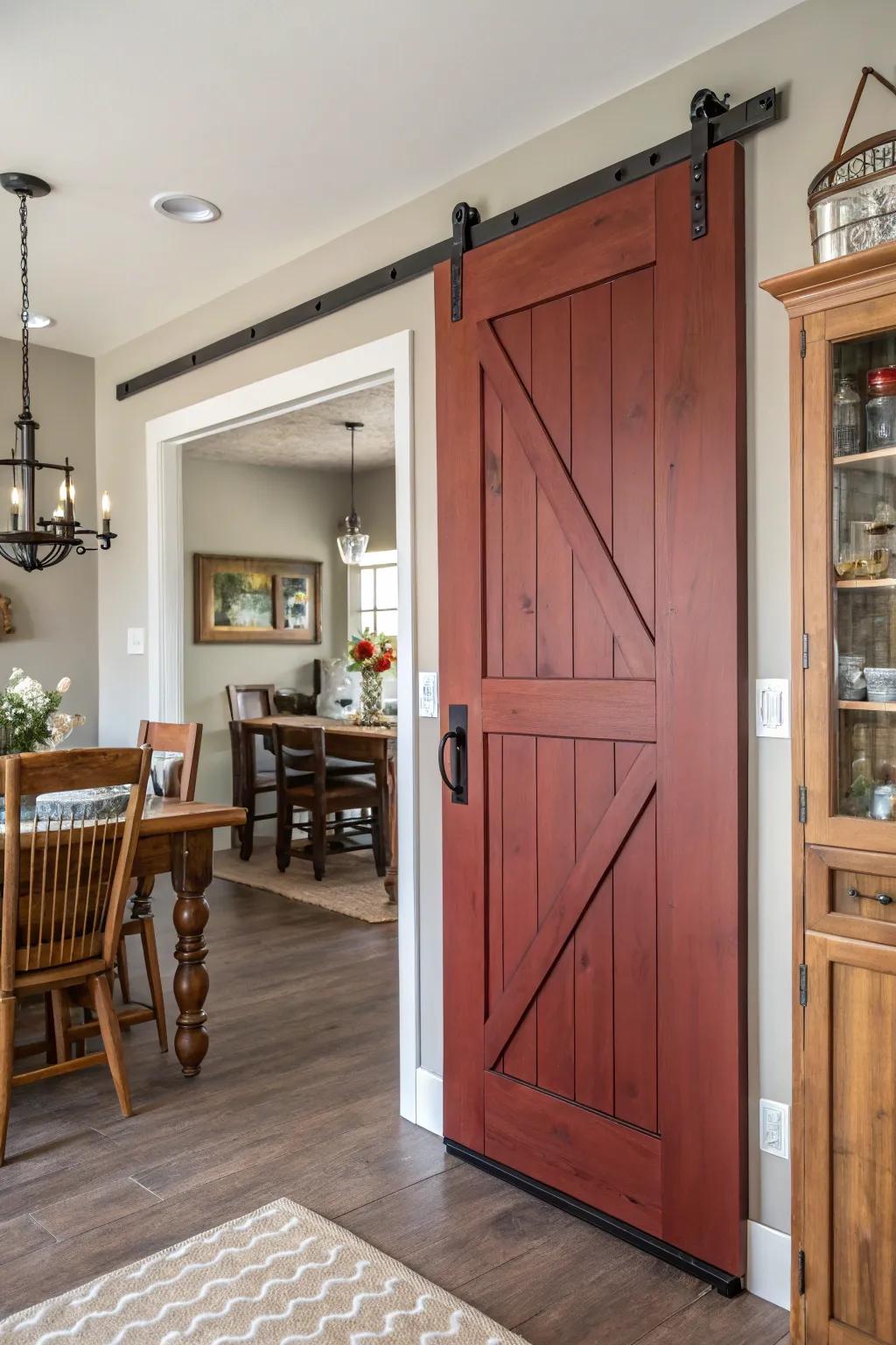 Barn red doors add a rustic farmhouse character.