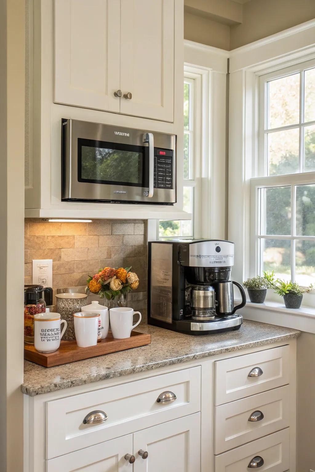 A microwave strategically placed above a dedicated coffee station.