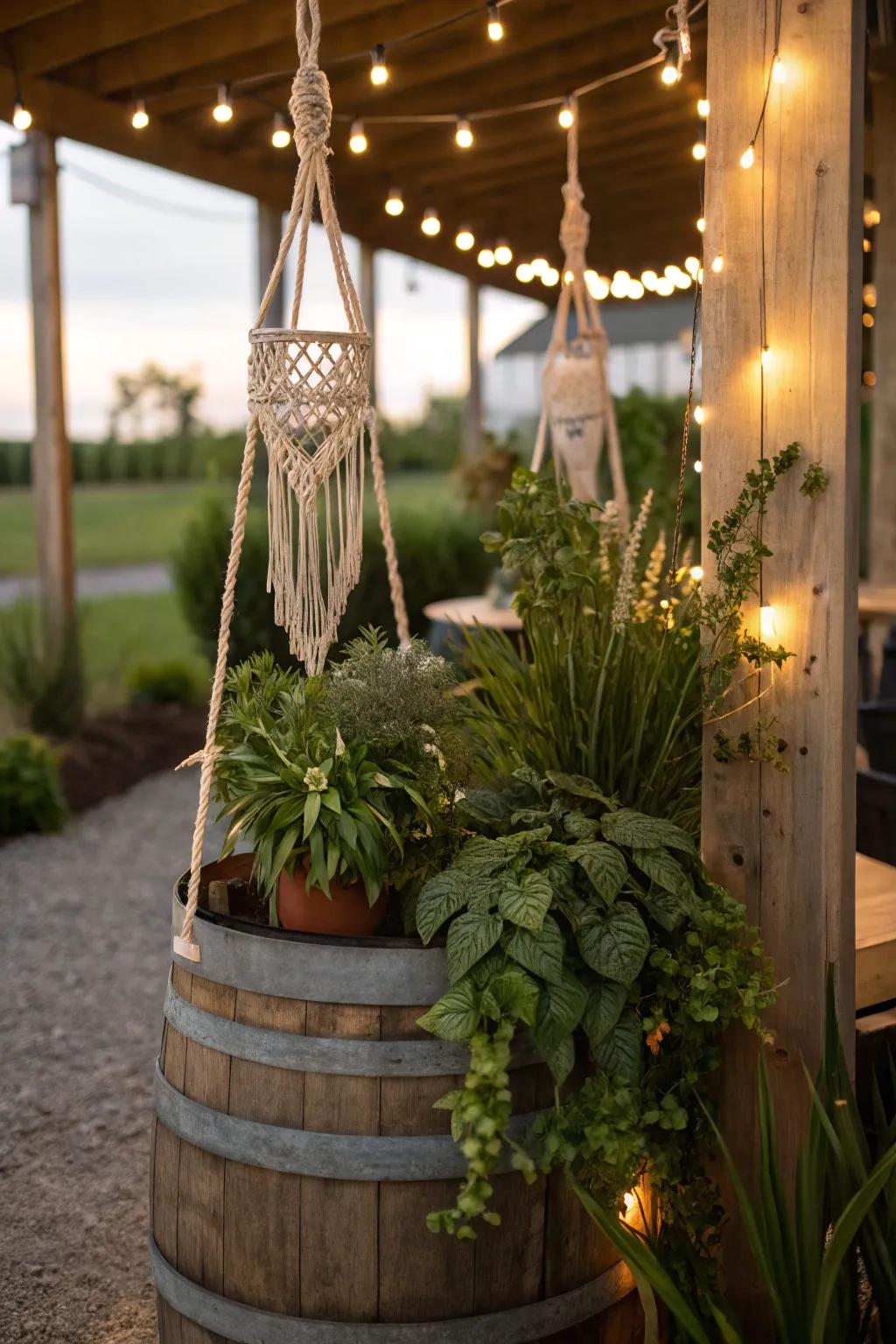 A wanderer cask with knotted string and lights for a whimsical touch.