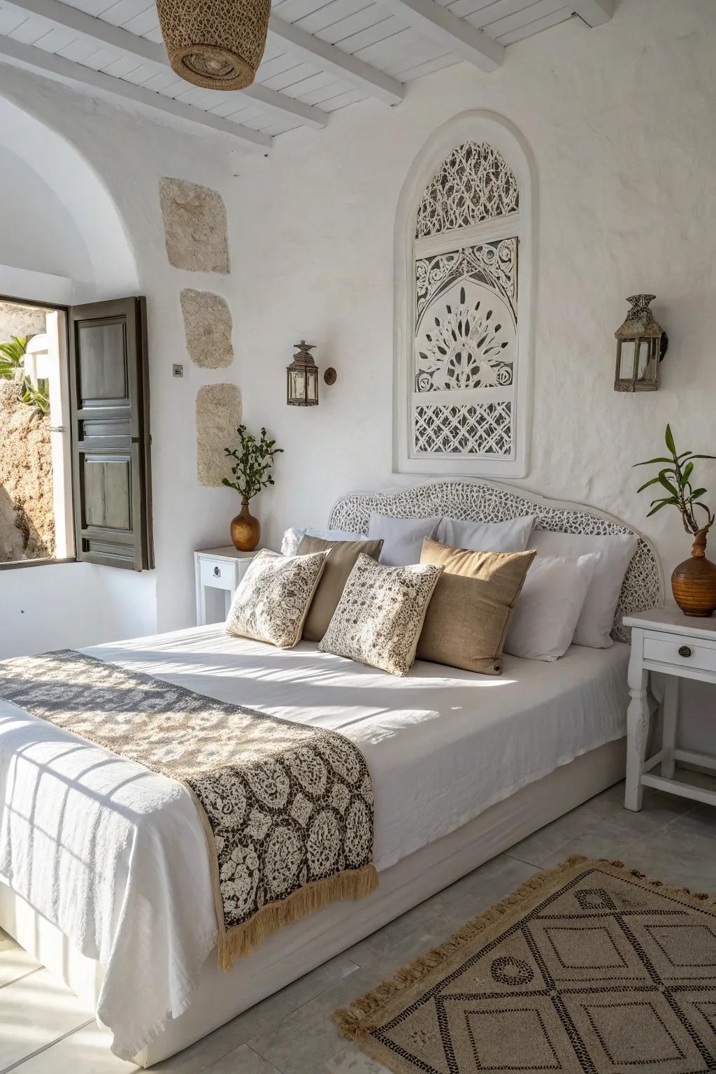 Decorative pillows add interest to a white bedroom.