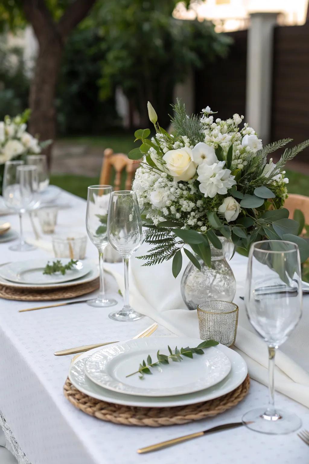 A white table setting brings elegance and continuity to your holiday theme.