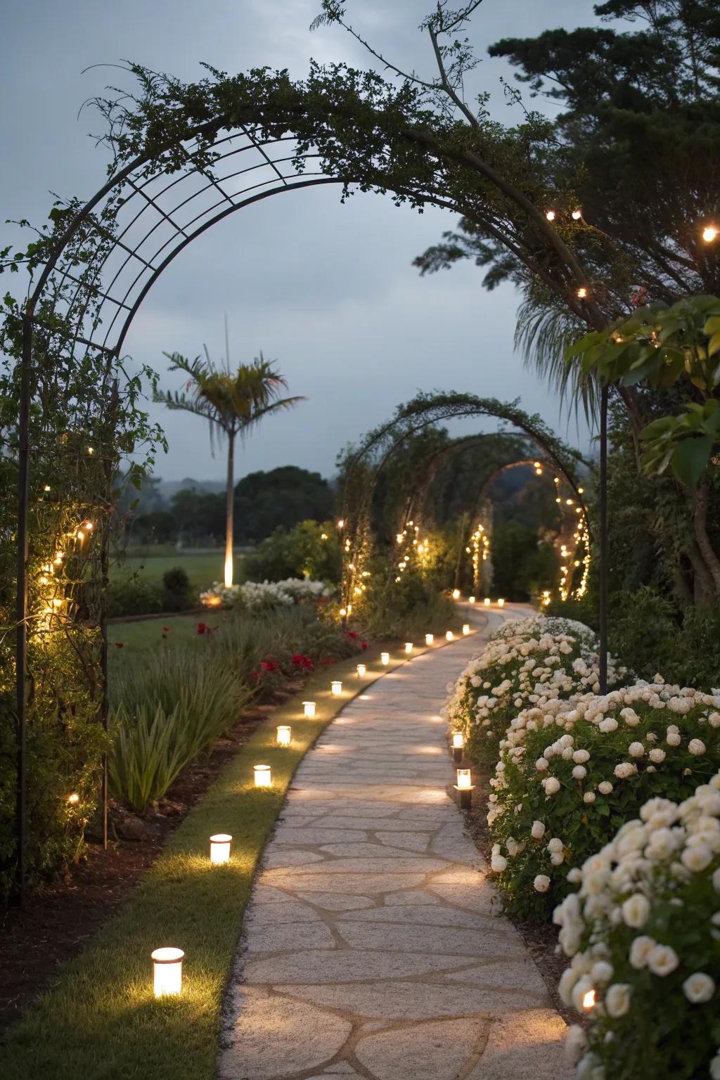 White garden lighting highlights features and creates an enchanting nighttime atmosphere.