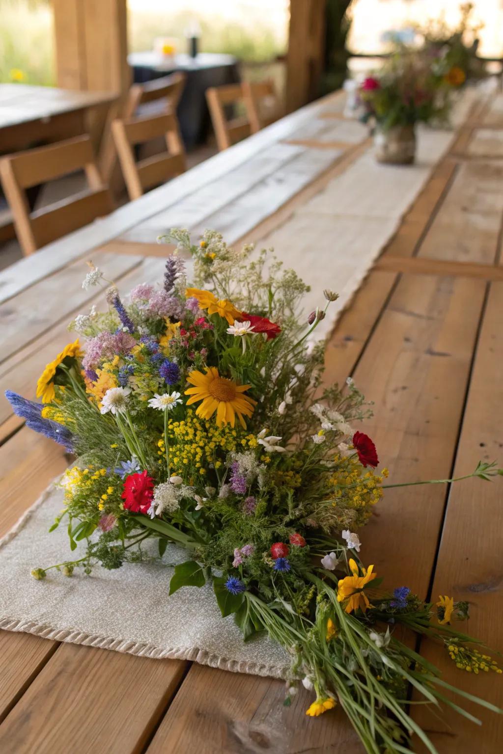 A table runner made of wildflowers creates a stunning visual impact.