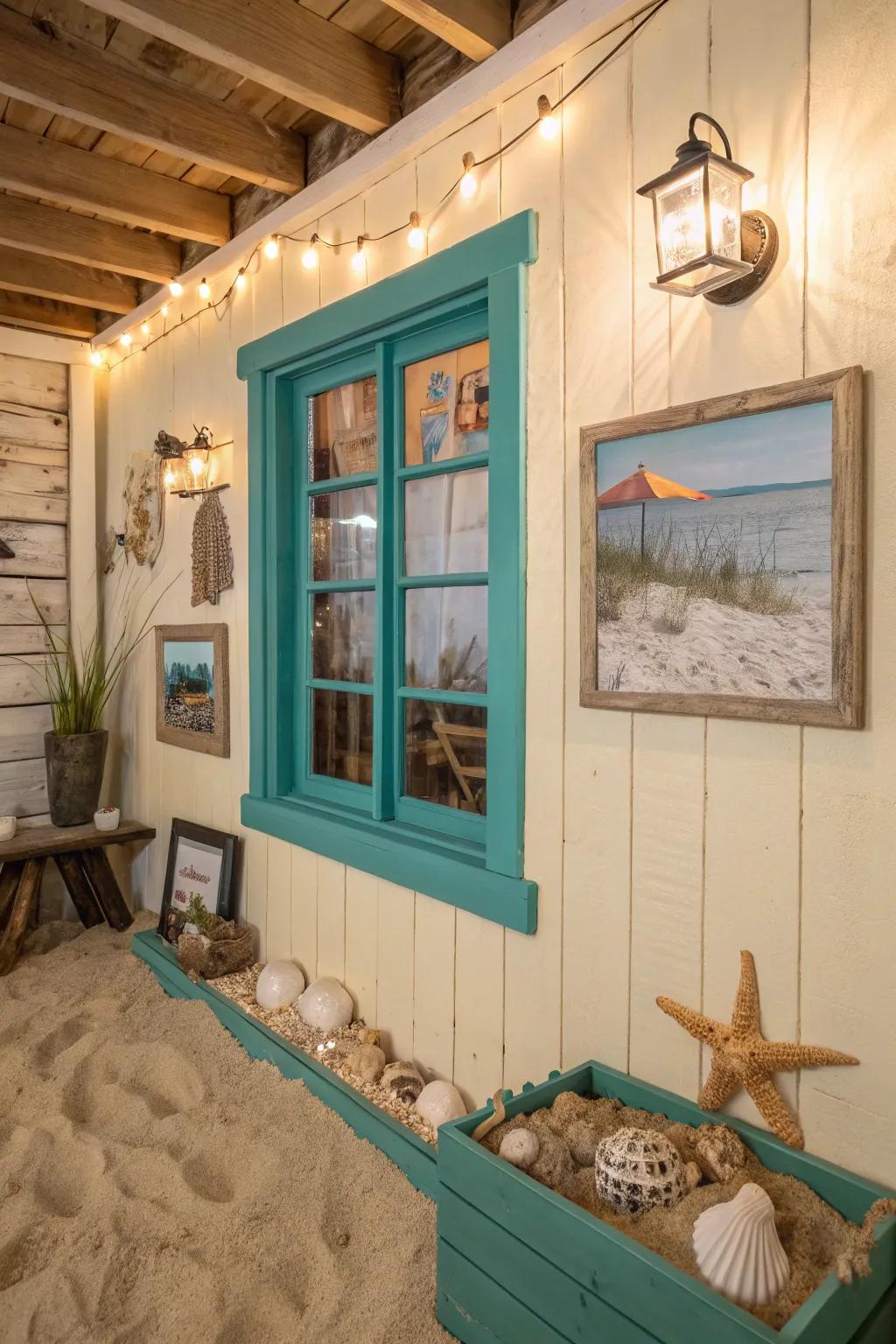 Teal trim brings a coastal vibe to any space.