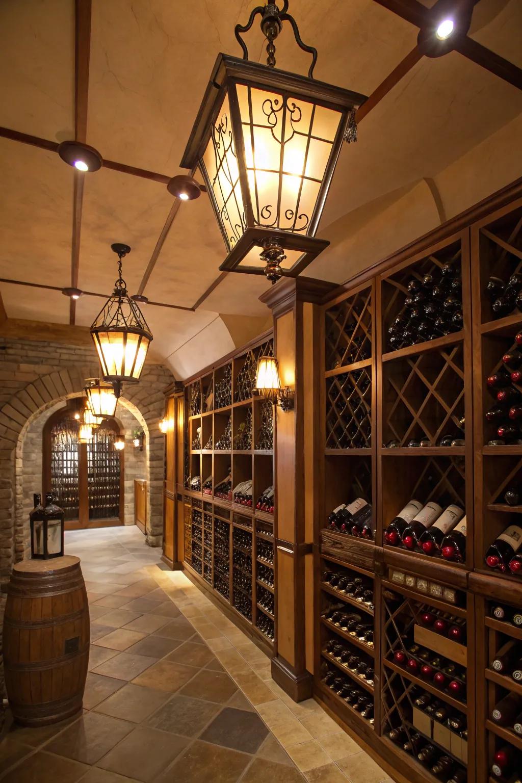 Vintage lanterns cast a charming old-world glow in the wine room.