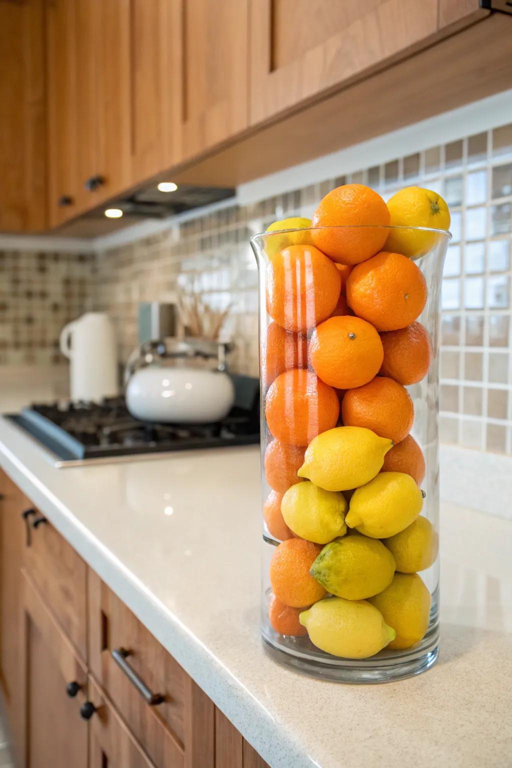 Bright citrus fruits add a fresh pop of color to winter decor.