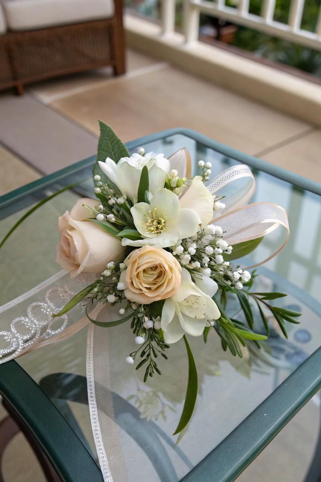Everlasting wrist adornment featuring stunning silk flowers.