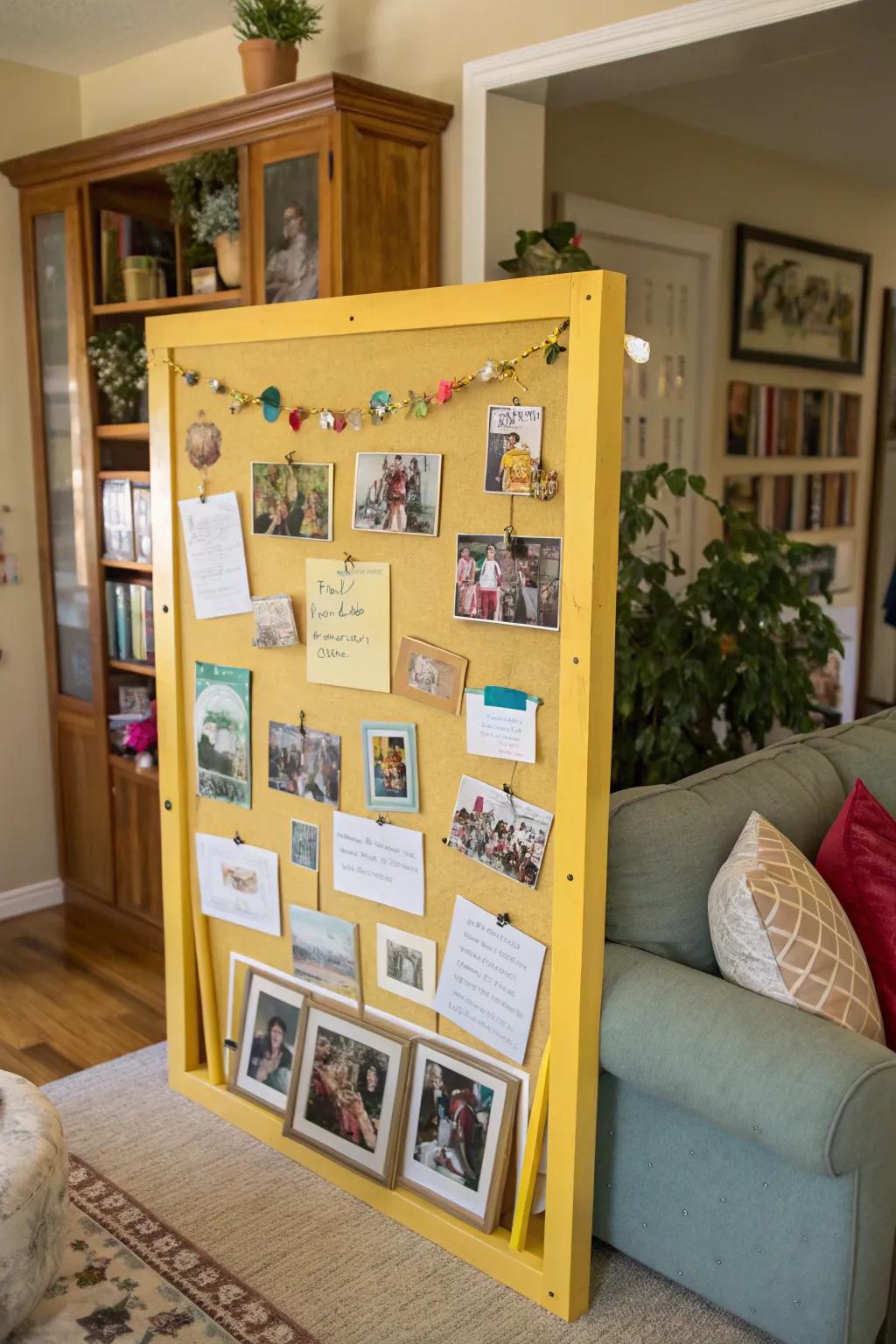 A DIY photo collage transforms your bulletin board into a gallery of cherished memories.