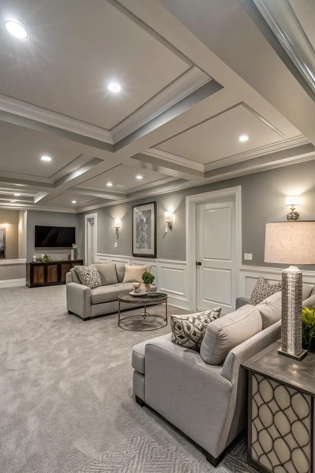 Monochromatic schemes can enhance the spacious feel of your basement.