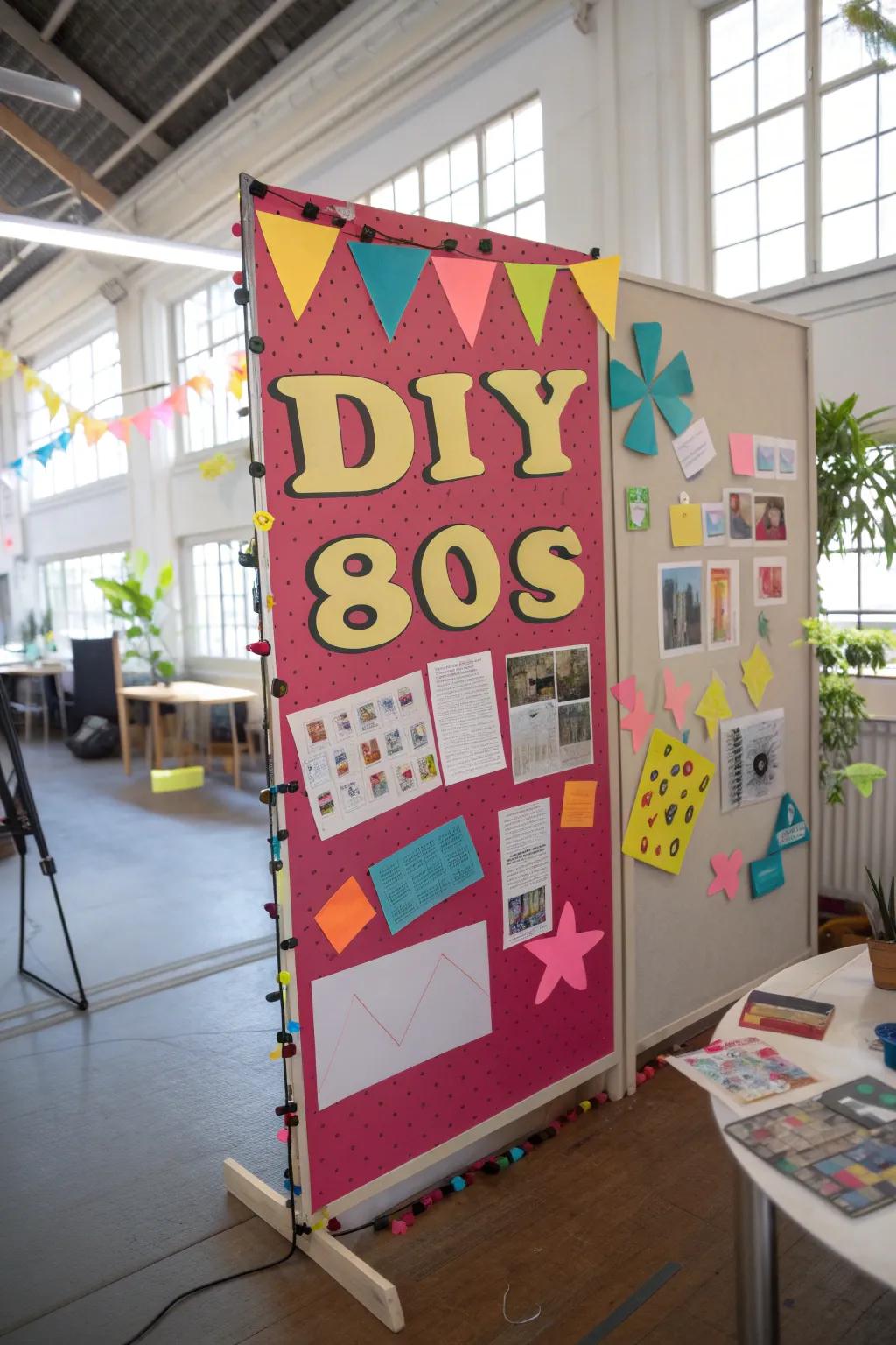 DIY 80s decor made from colorful paper on a bulletin board.