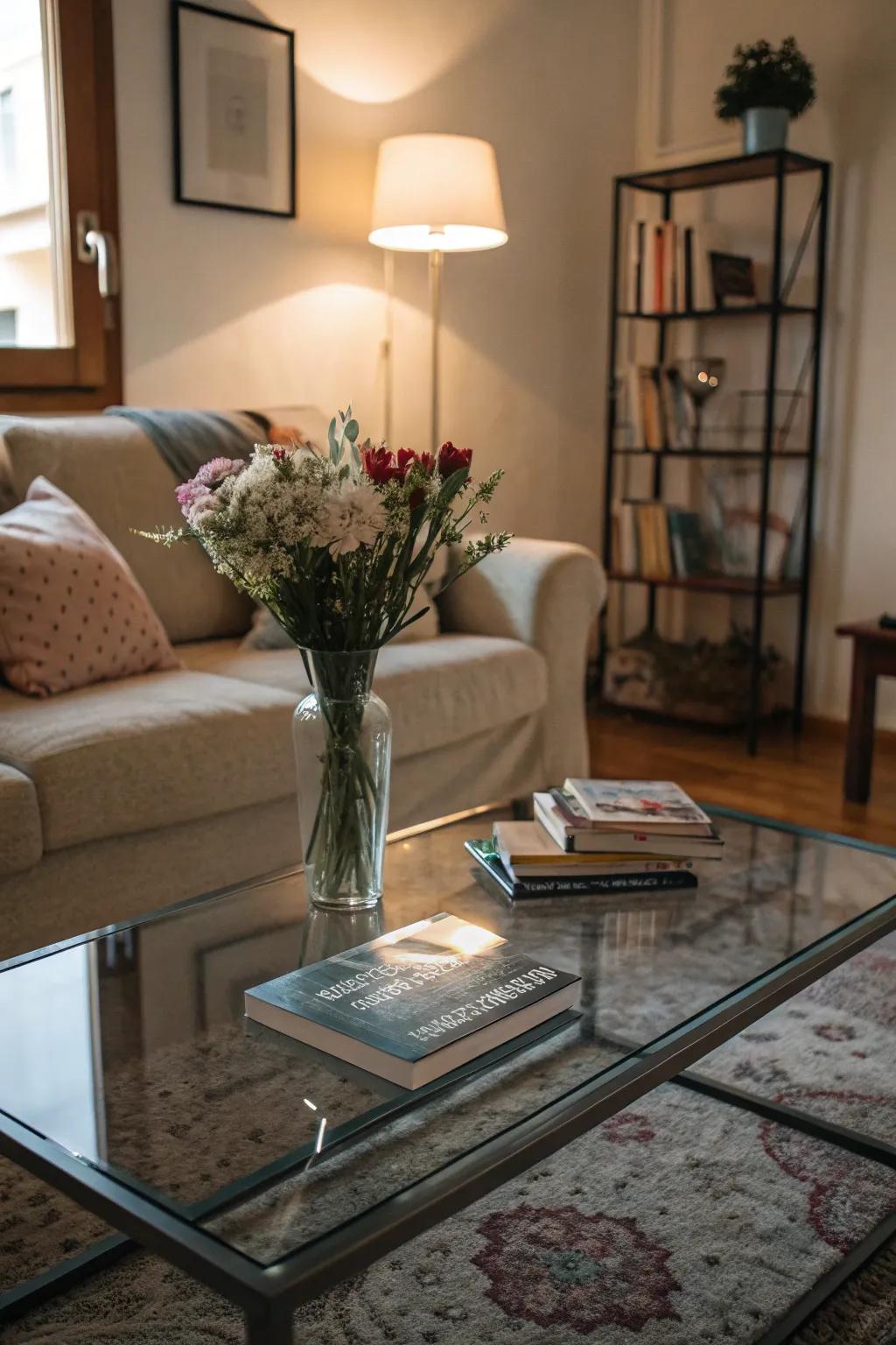 Glass furniture adds function without cluttering this small living room.