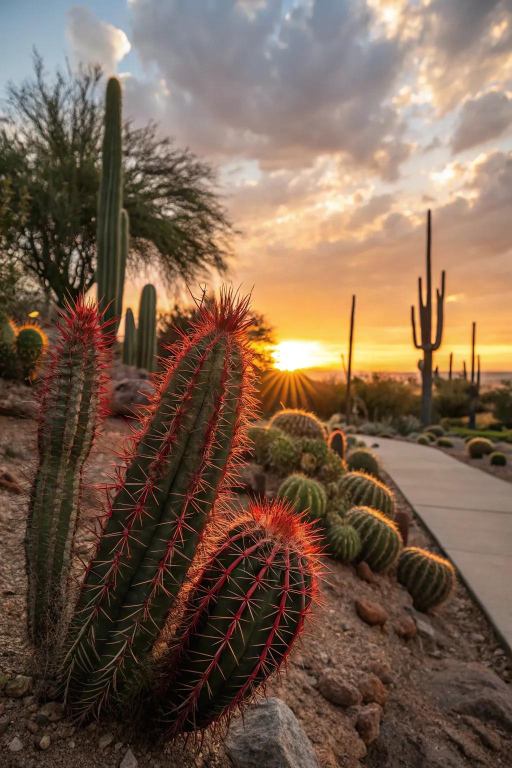 Red-spined cacti glowing beautifully in the sunset.