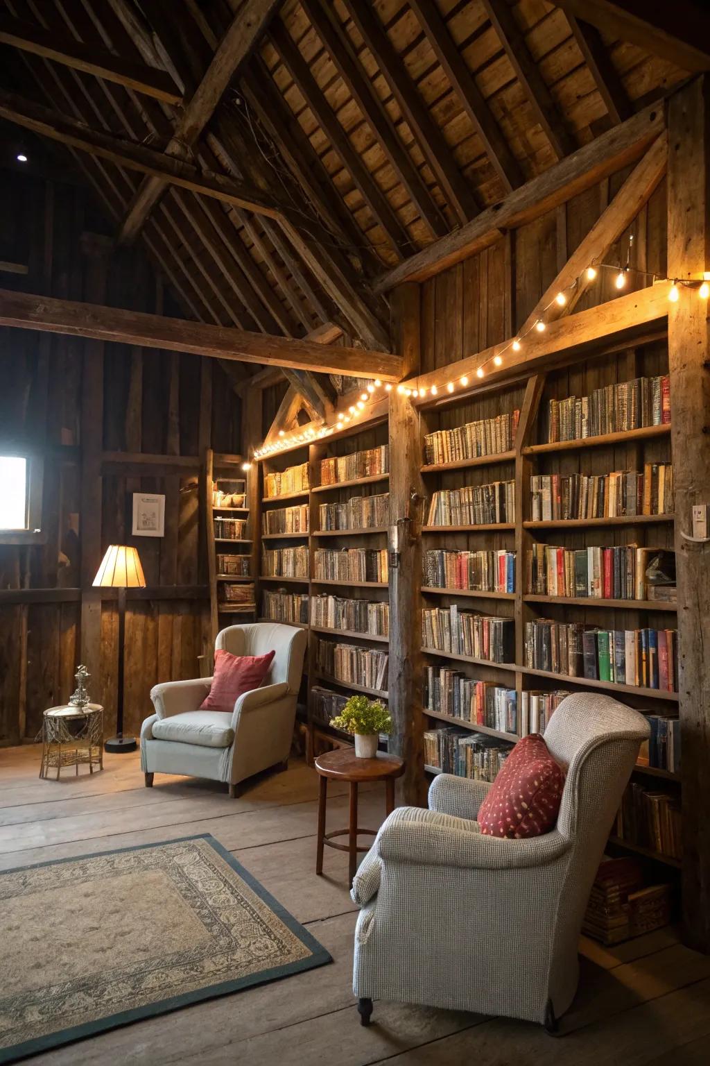 A reading nook barn is a haven for book enthusiasts.