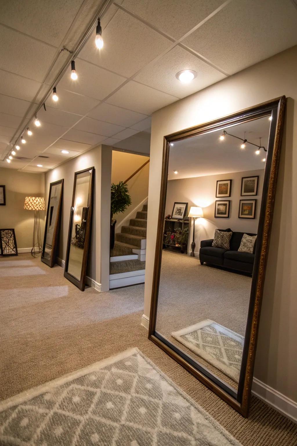 Mirrors amplify light and enhance the spacious feel of your basement.