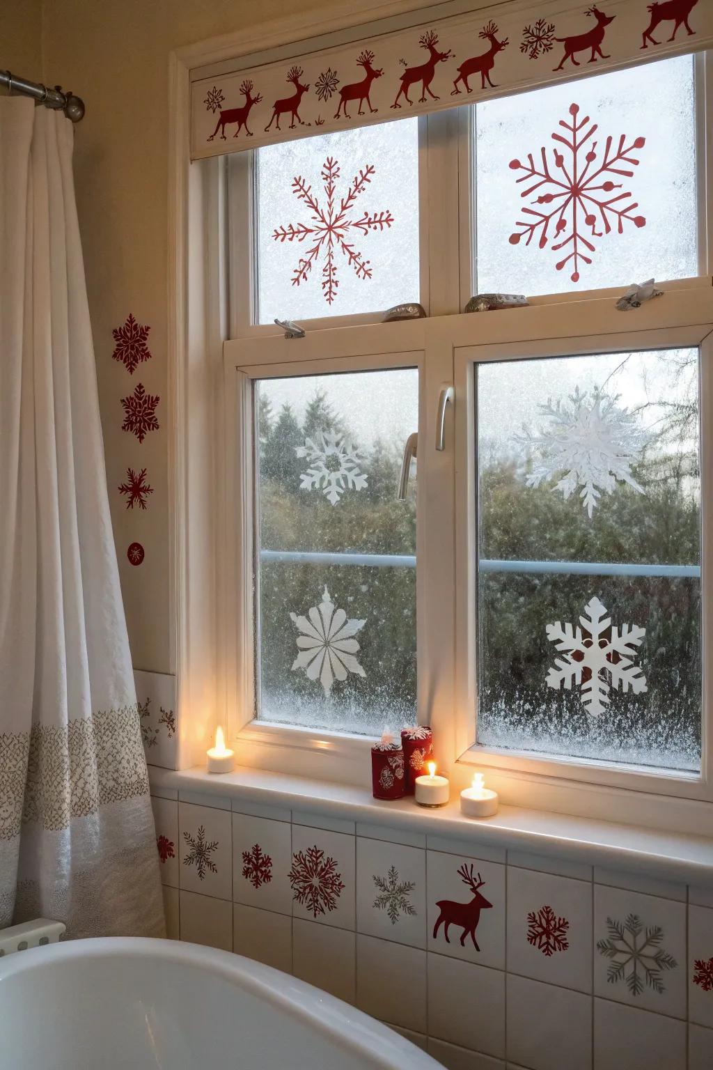 Frosty window clings transform this bathroom into a winter wonderland.