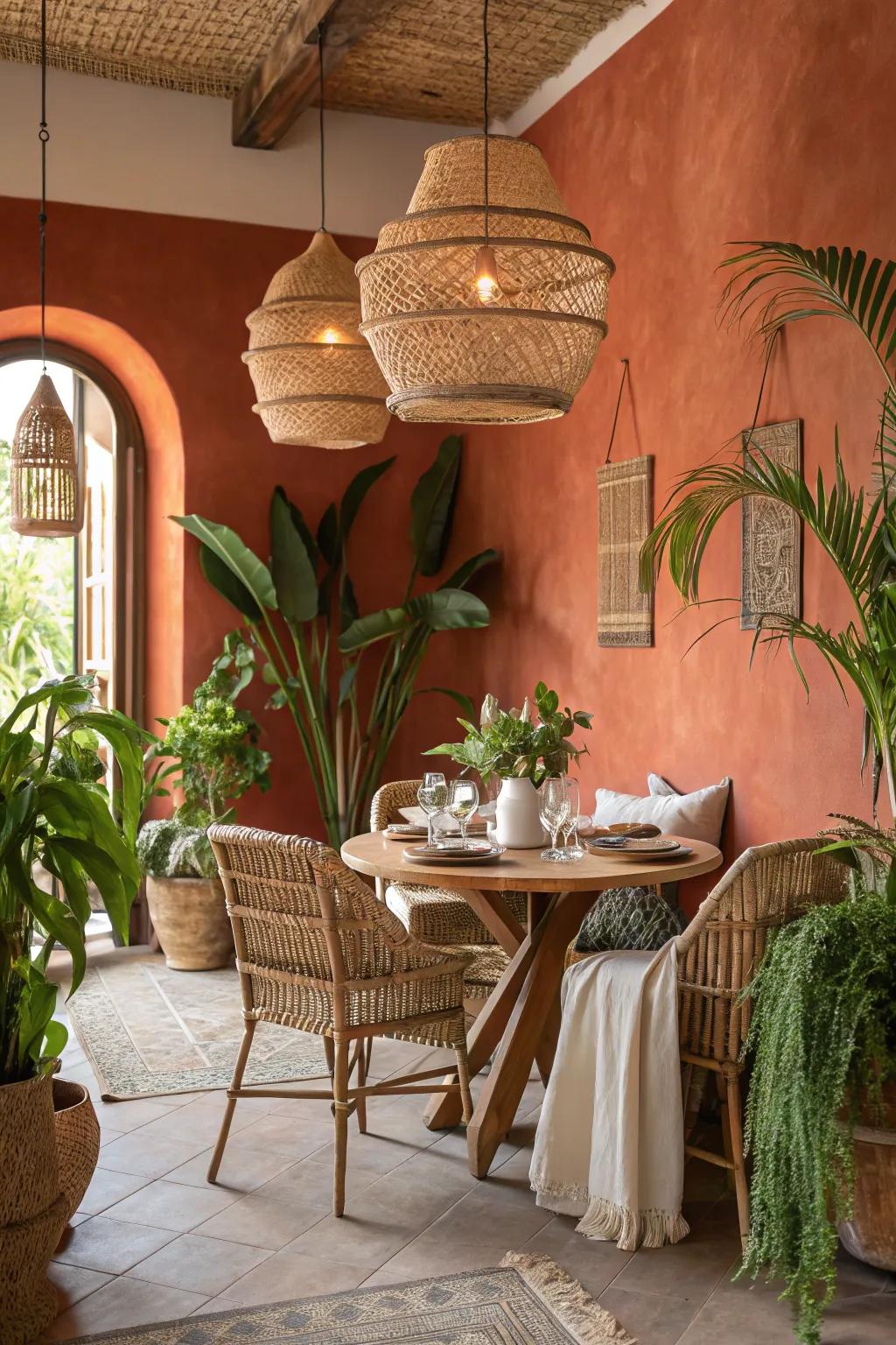 Terracotta adds earthy warmth to dining rooms.