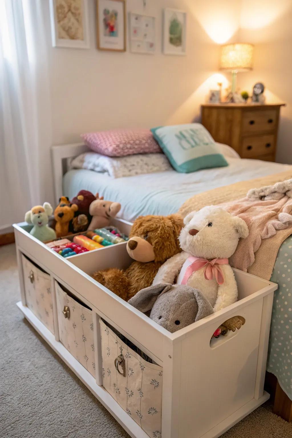 Storage tables blend function and style in toy storage.