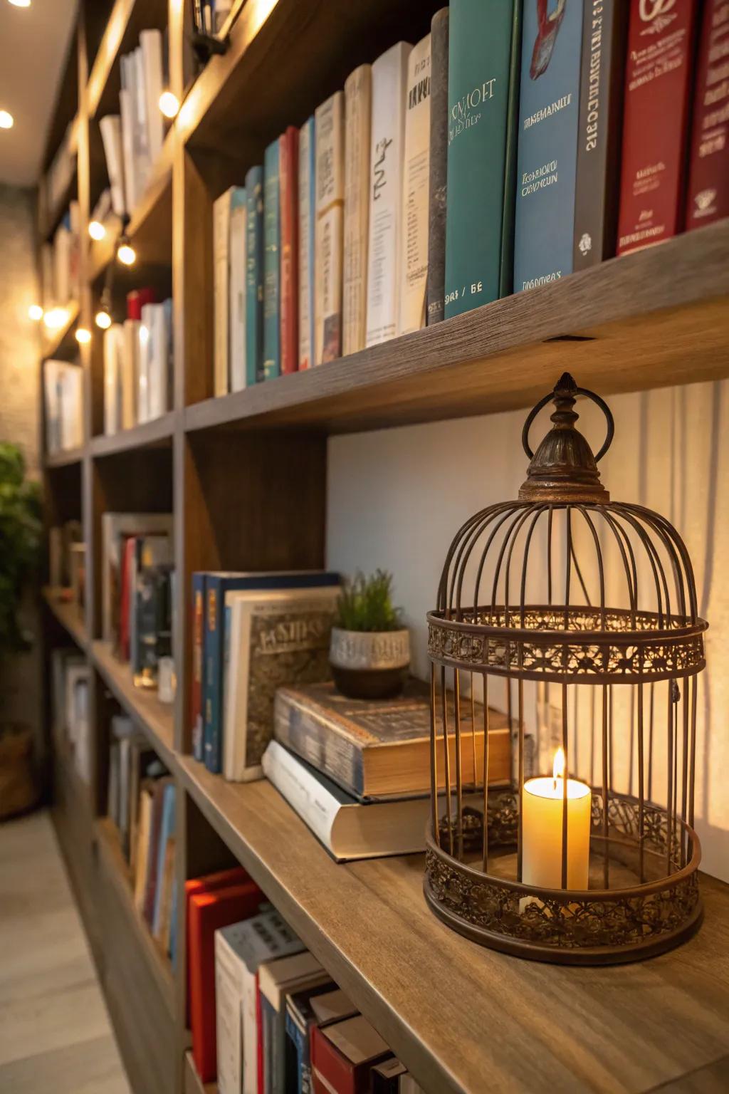 A bird cage adds charm and interest to a bookshelf.