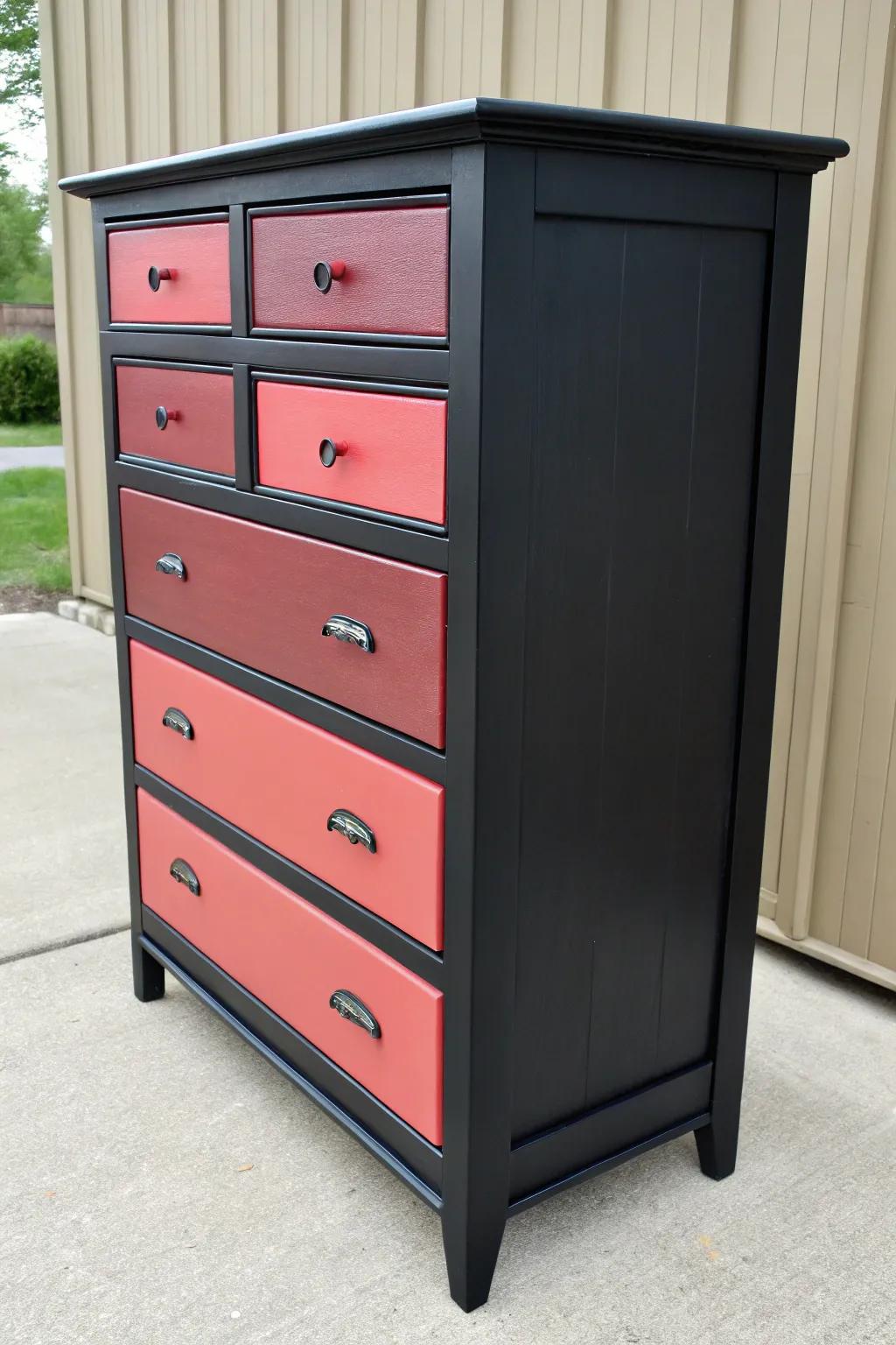 An ebony cabinet featuring an eye-catching dual-tone drawer pattern.